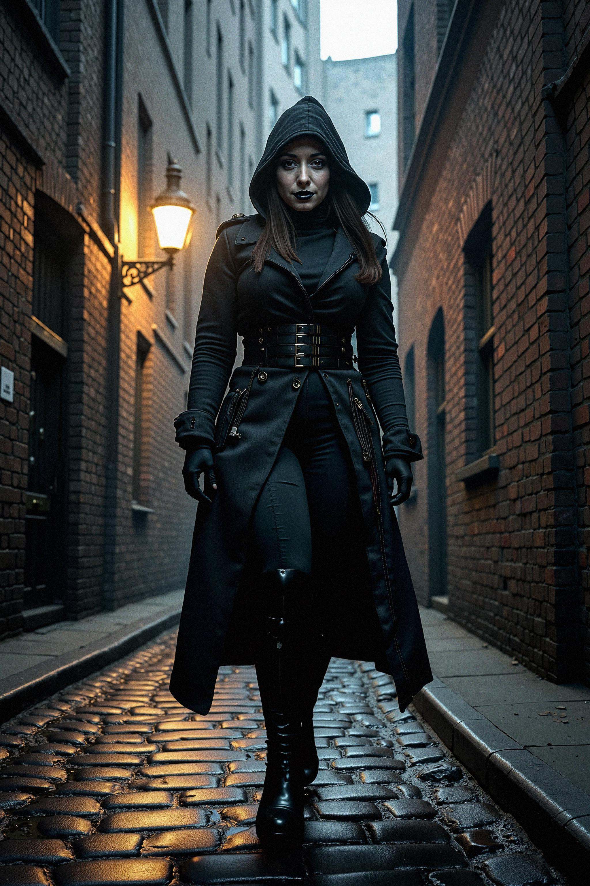 A full-body shot of a Victorian-era assassin standing in the shadows of a narrow,  dimly lit alleyway in the heart of Vict...