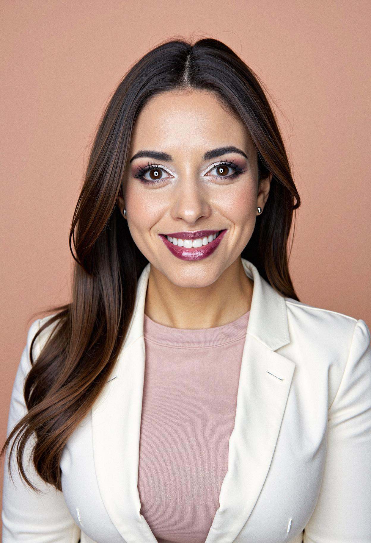 A professional head shot photograph of a woman with a warm smile,  captured against a solid gentle pastel peach background...