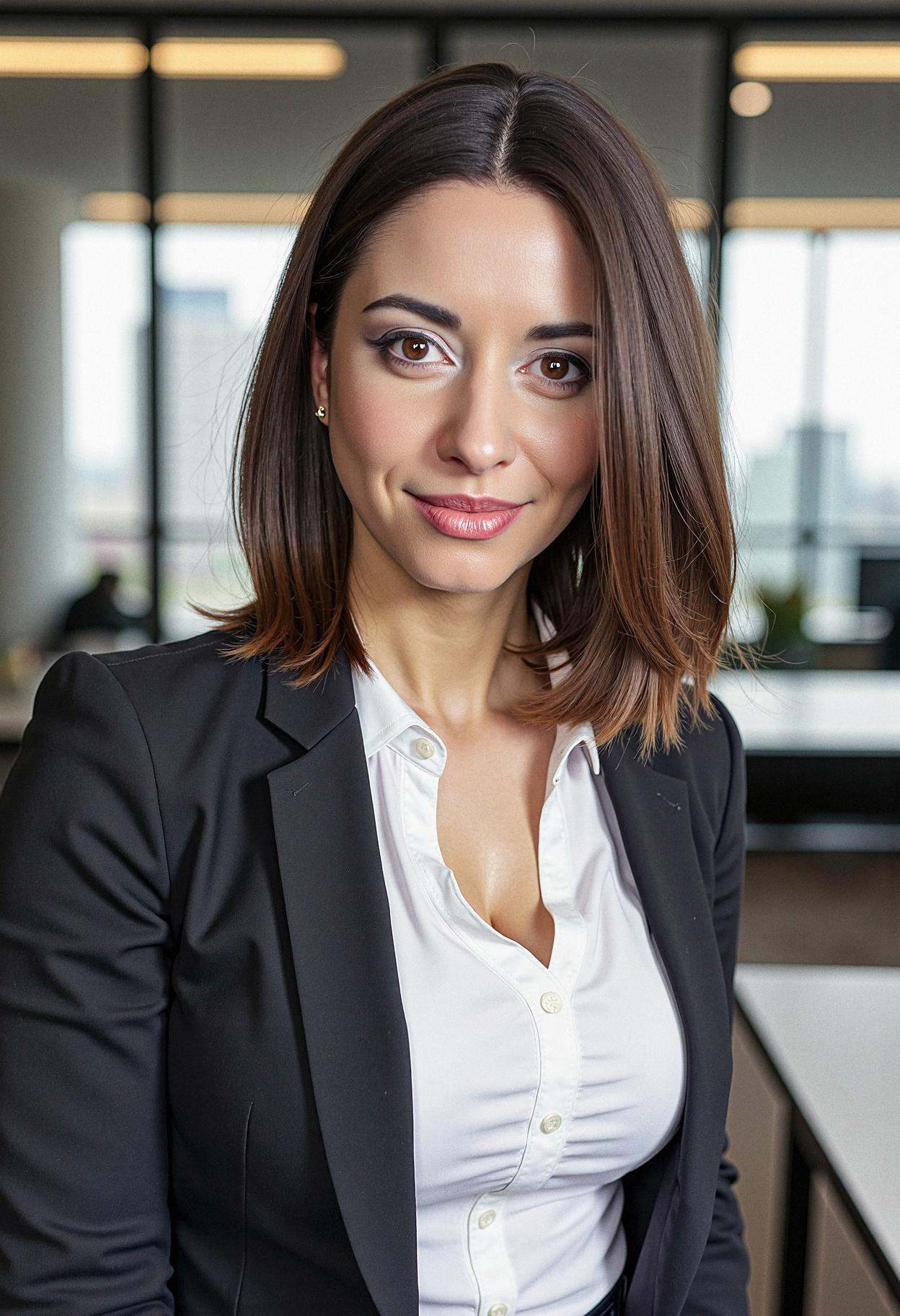 A woman in a sleek,  modern office environment,  gazing confidently into the camera. She's wearing a crisp on Tensor.Art