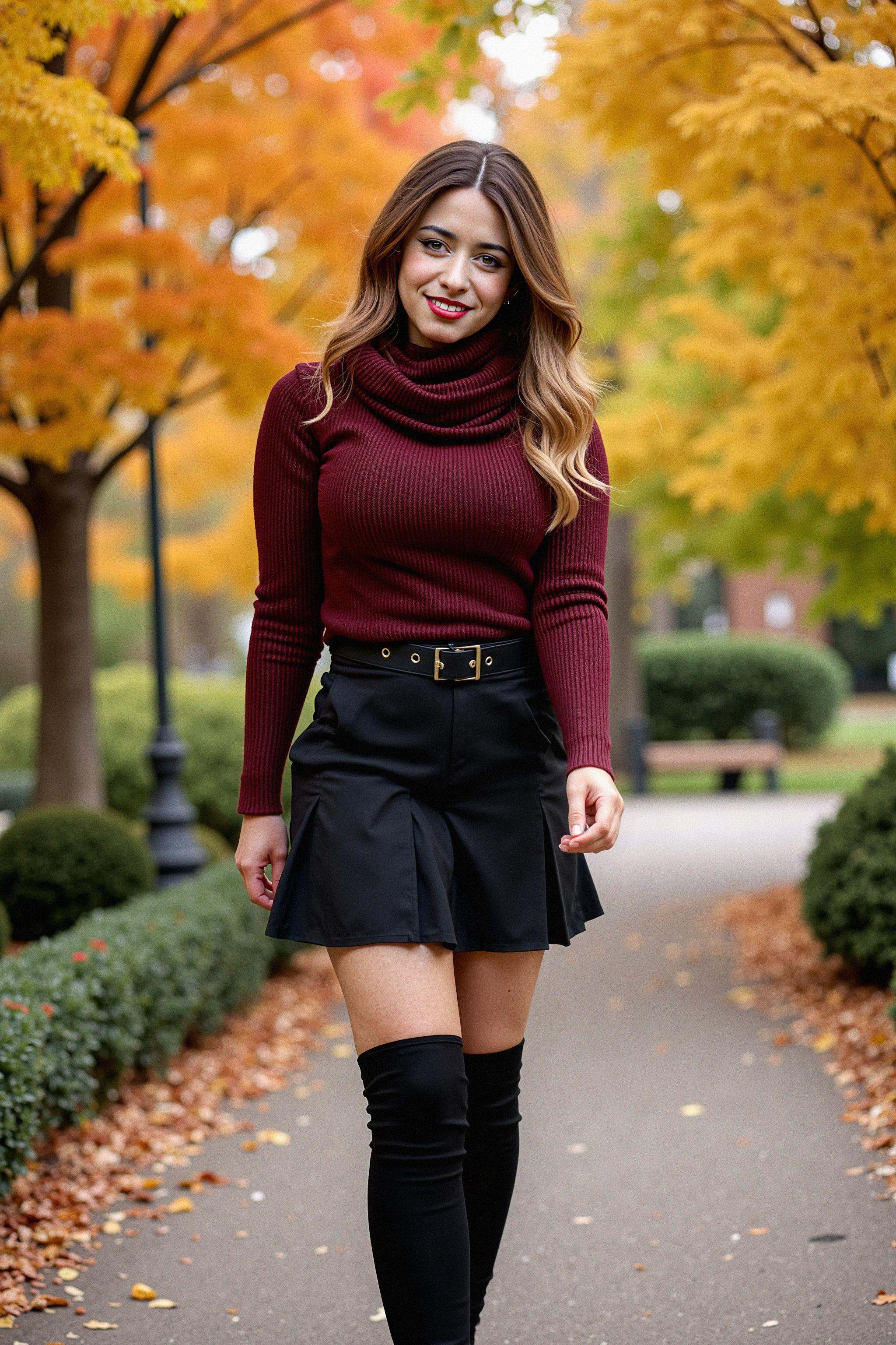 A graceful woman standing amidst colorful fall foliage in a park,  photographed in a full-body shot. She's dressed in a fi...