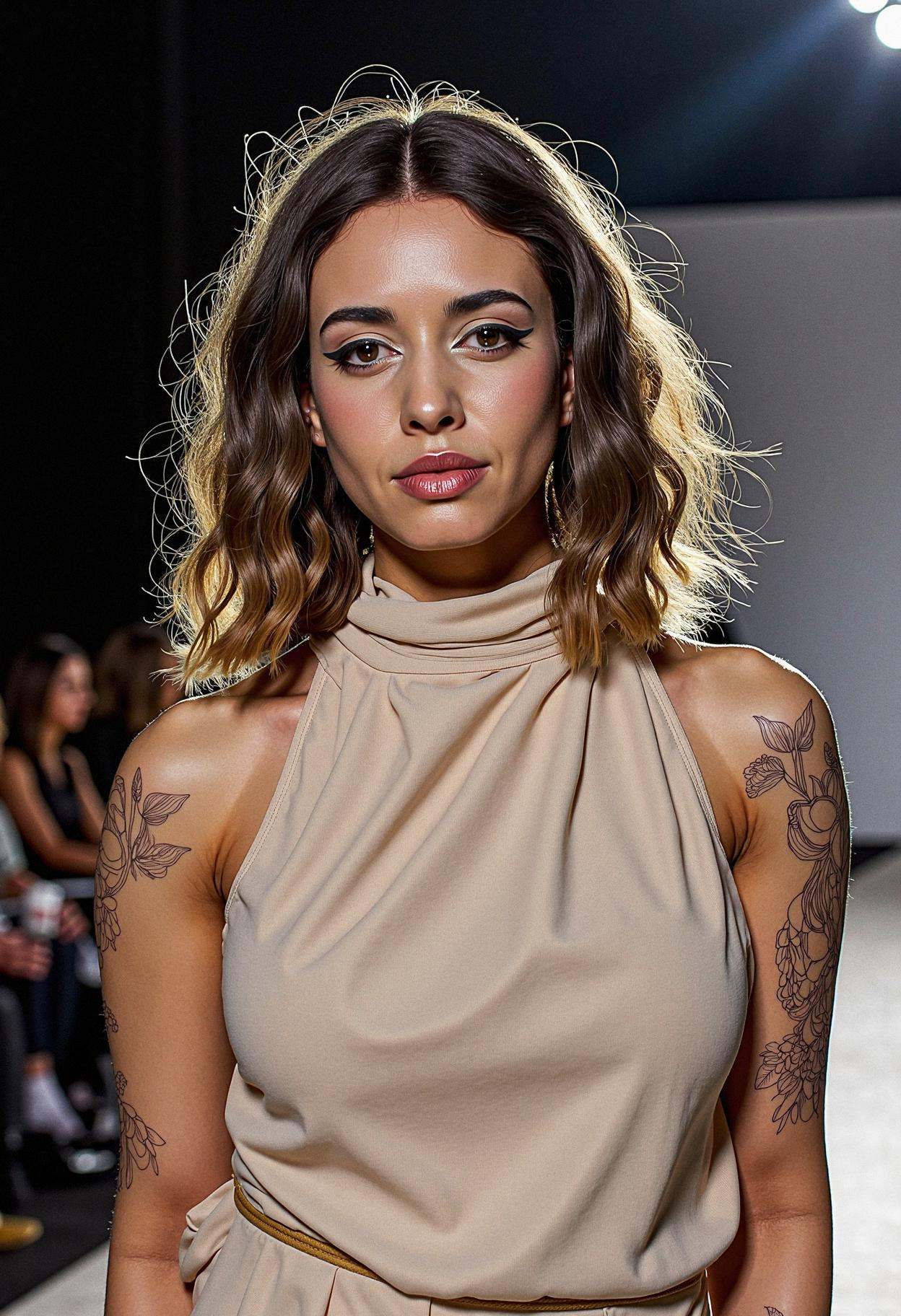 A woman at an eco-friendly fashion show,  embodying sustainable chic. Her hair is cut in a modern,  textured lob (long bob...
