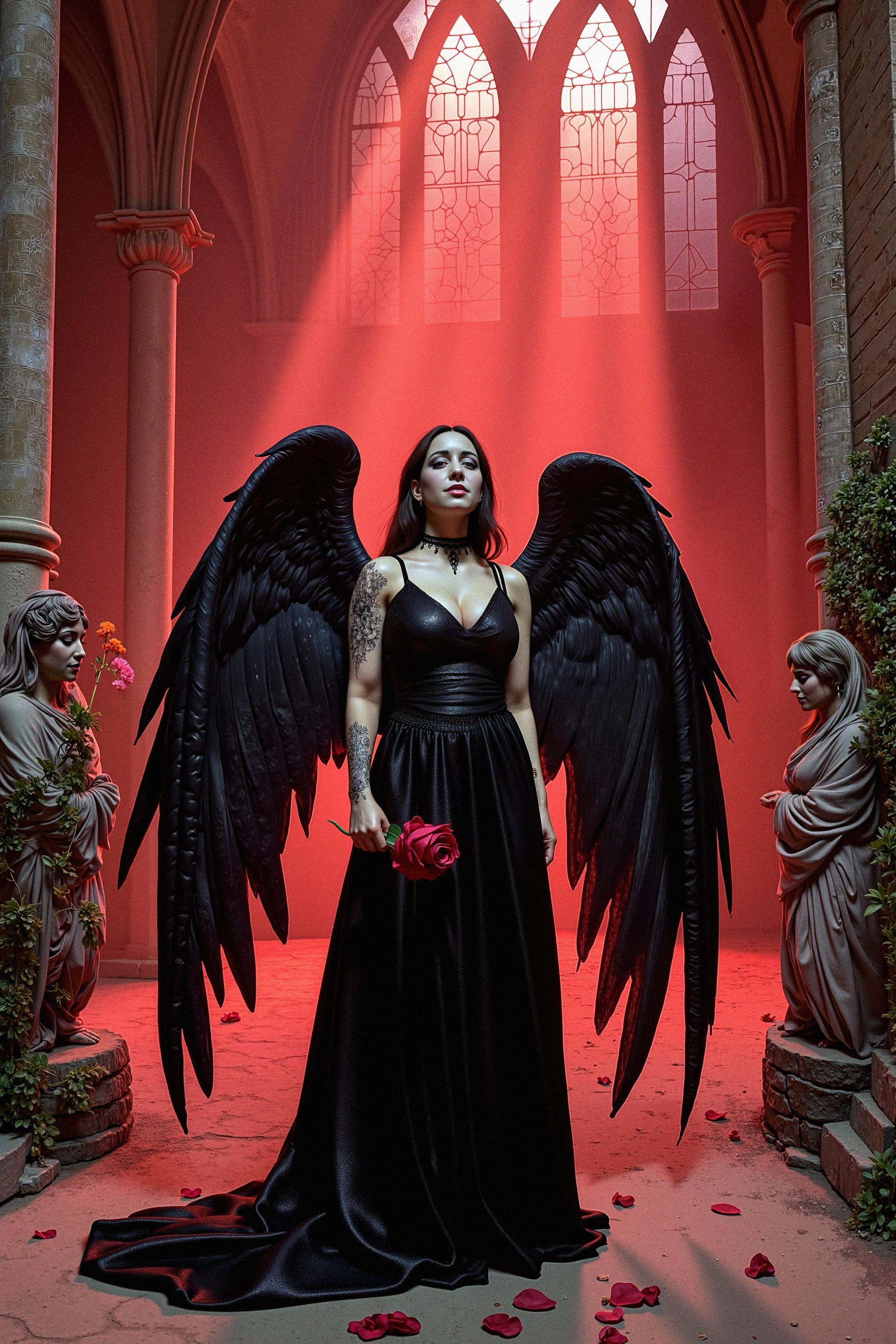 A woman with dark,  majestic wings stands in an ancient stone courtyard surrounded by towering gothic arches,  with window...