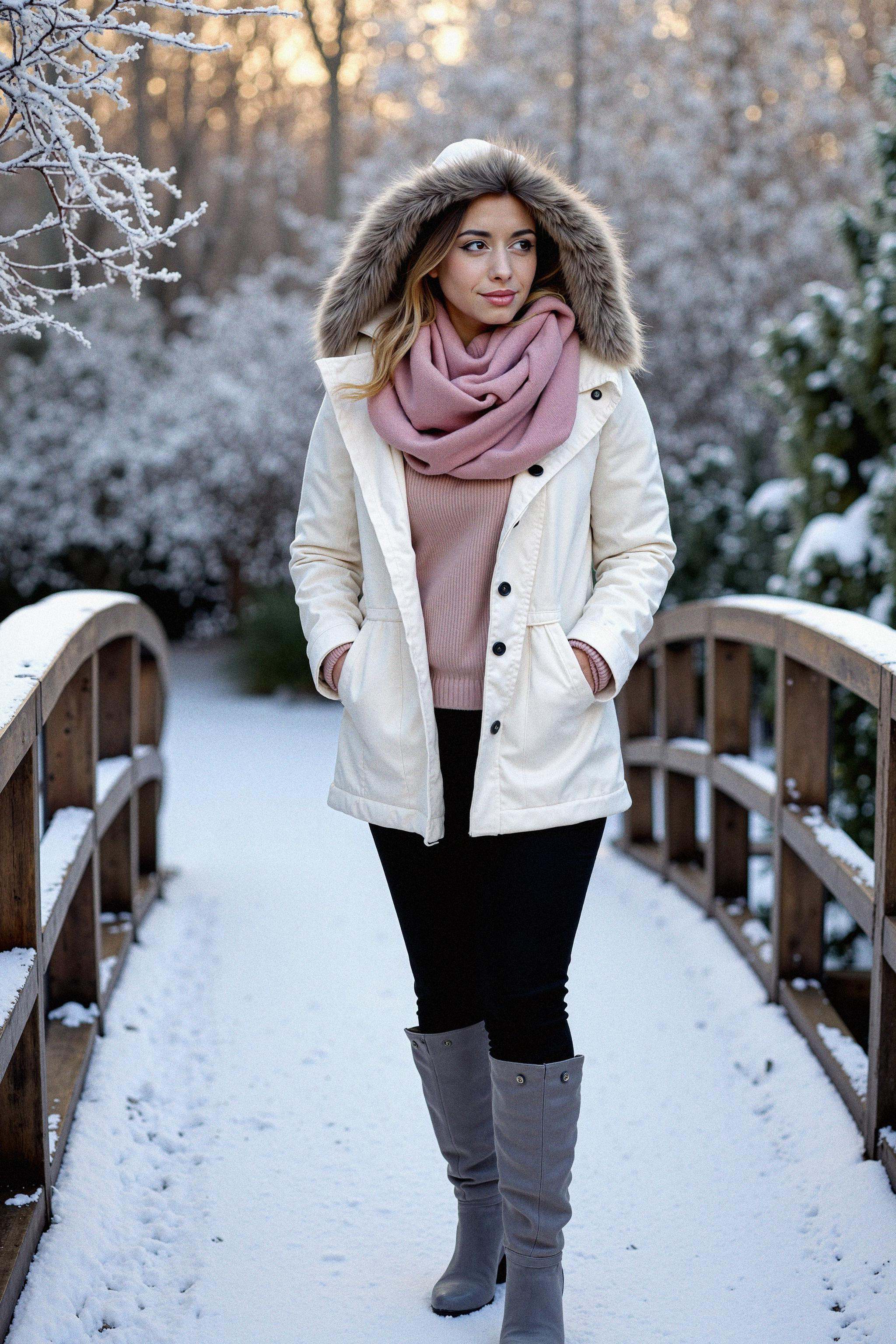 A woman standing on a charming snow-covered bridge in a winter garden,  captured in a full-body shot with her face clearly...
