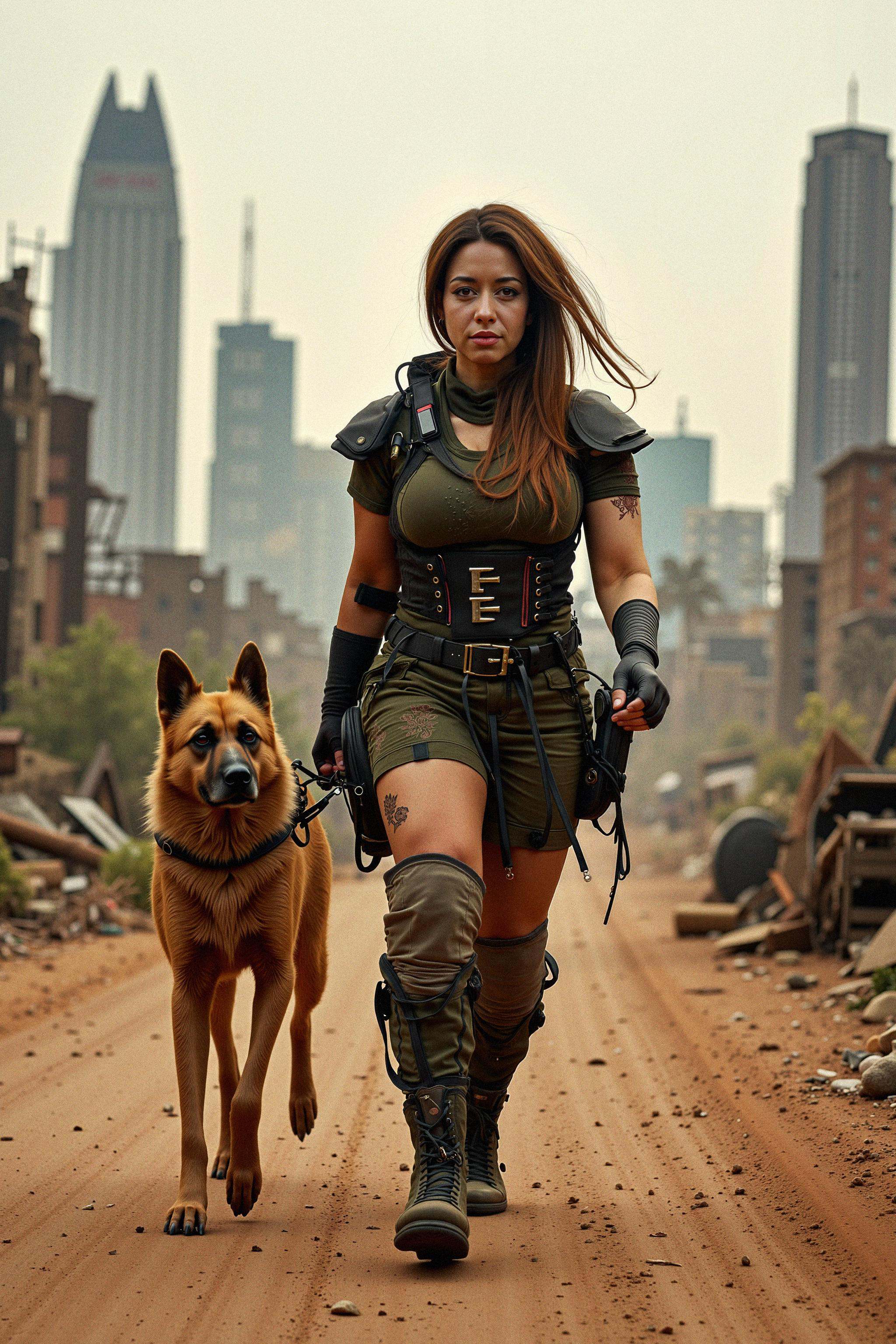 Head-on,  a determined female survivor advances directly towards the camera across a desolate landscape,  her face visible...