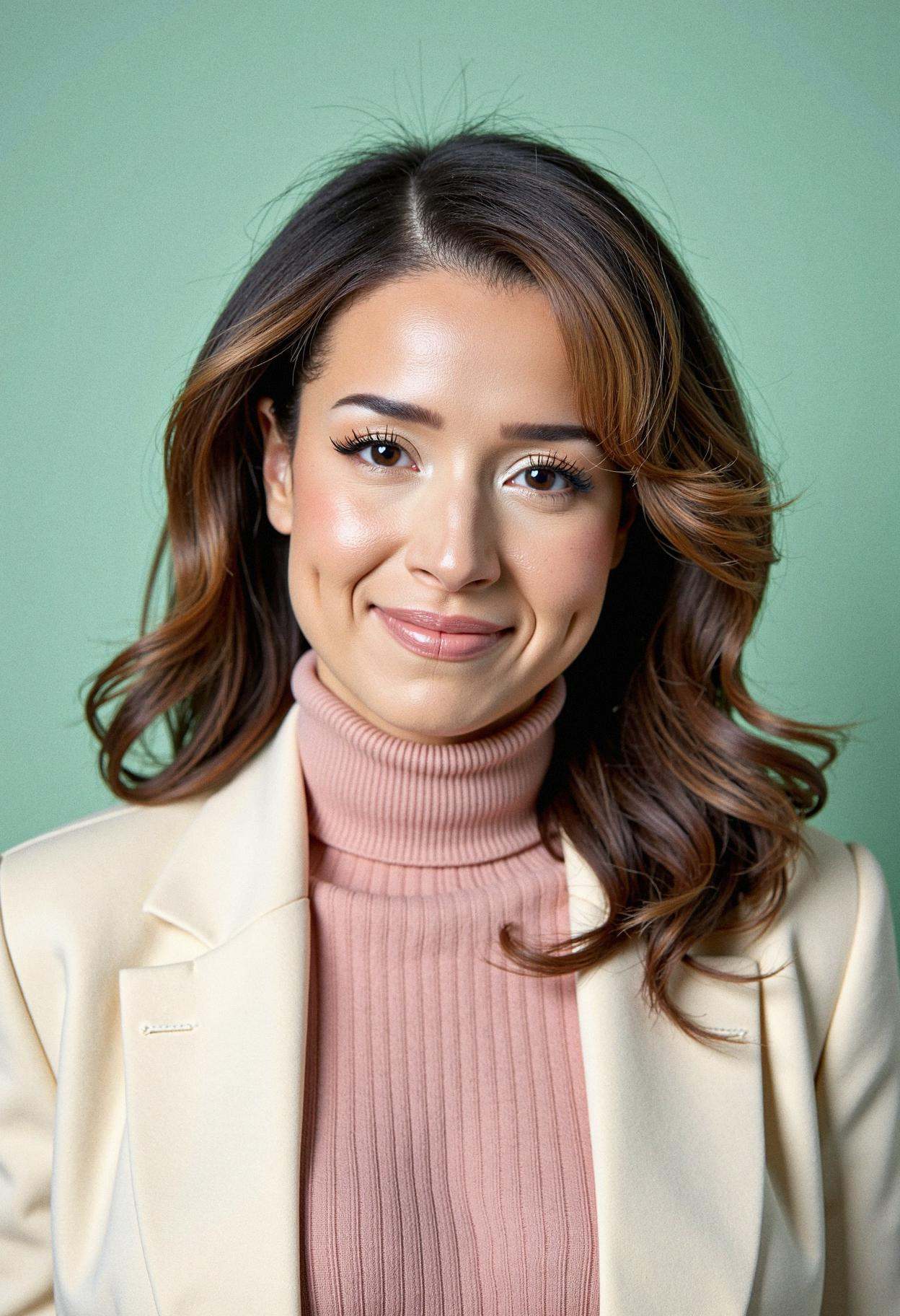 A professional head shot photograph of a woman with a slight smile,  positioned before a solid pastel mint green backgroun...