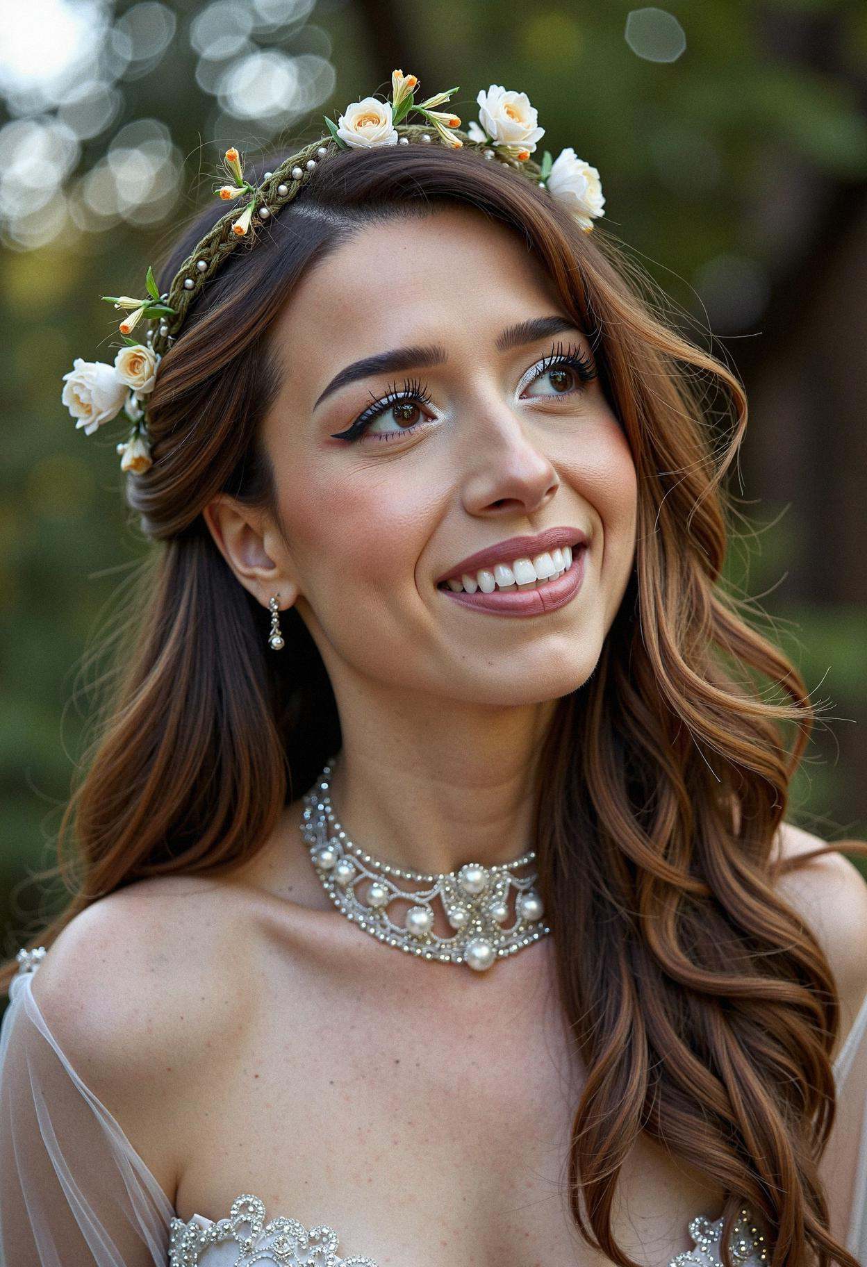 A woman at a whimsical fairy tale-themed wedding,  channeling magical vibes. Her long hair is styled in an elaborate braid...