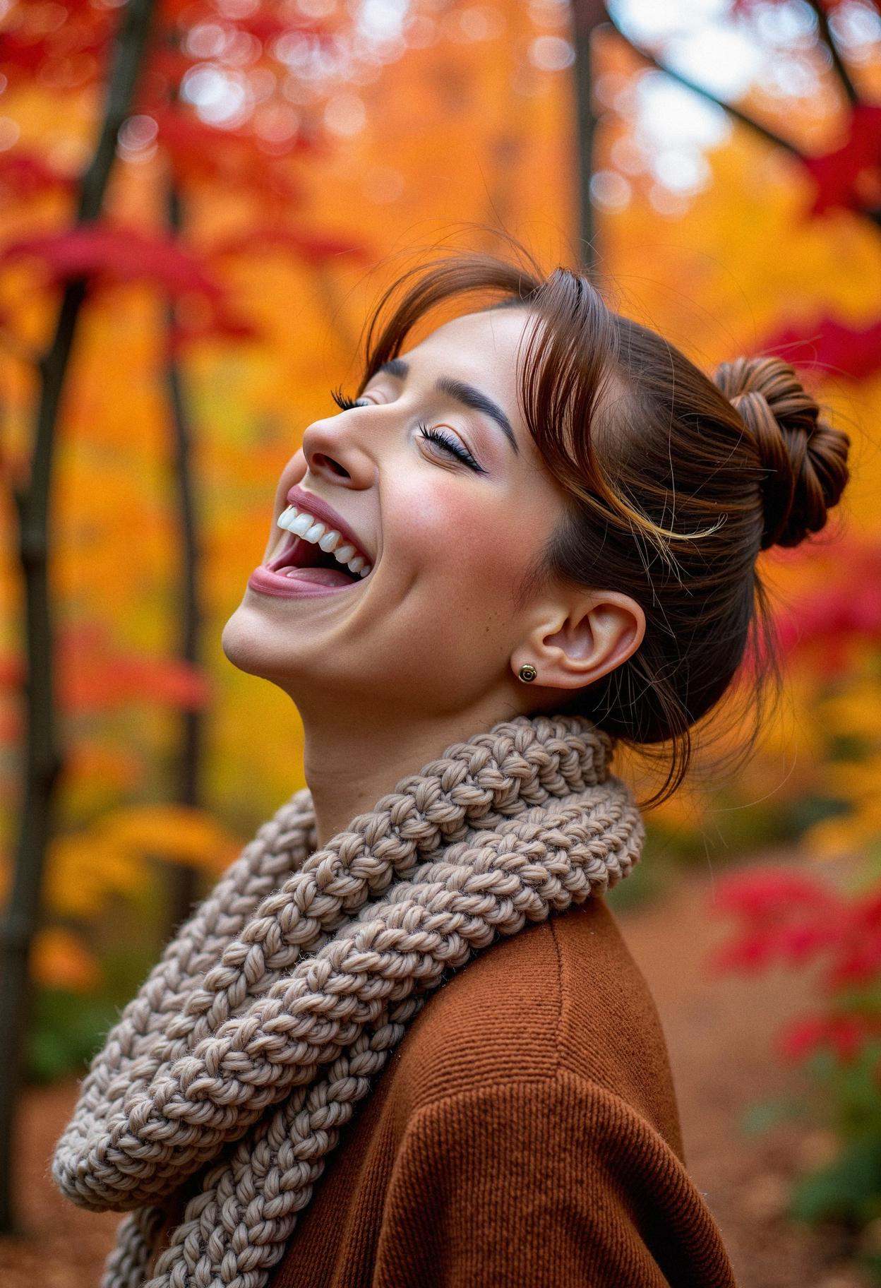 A woman standing in the midst of a vibrant autumn forest,  surrounded by a kaleidoscope of red,  orange on Tensor.Art