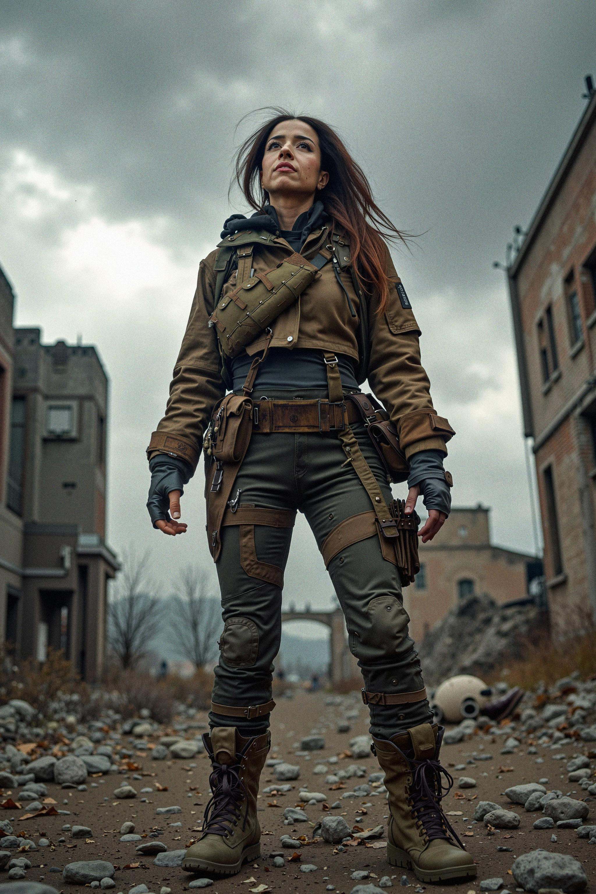 A woman stands resiliently in a desolate post-apocalyptic wasteland,  embodying survival and strength. She wears rugged,...