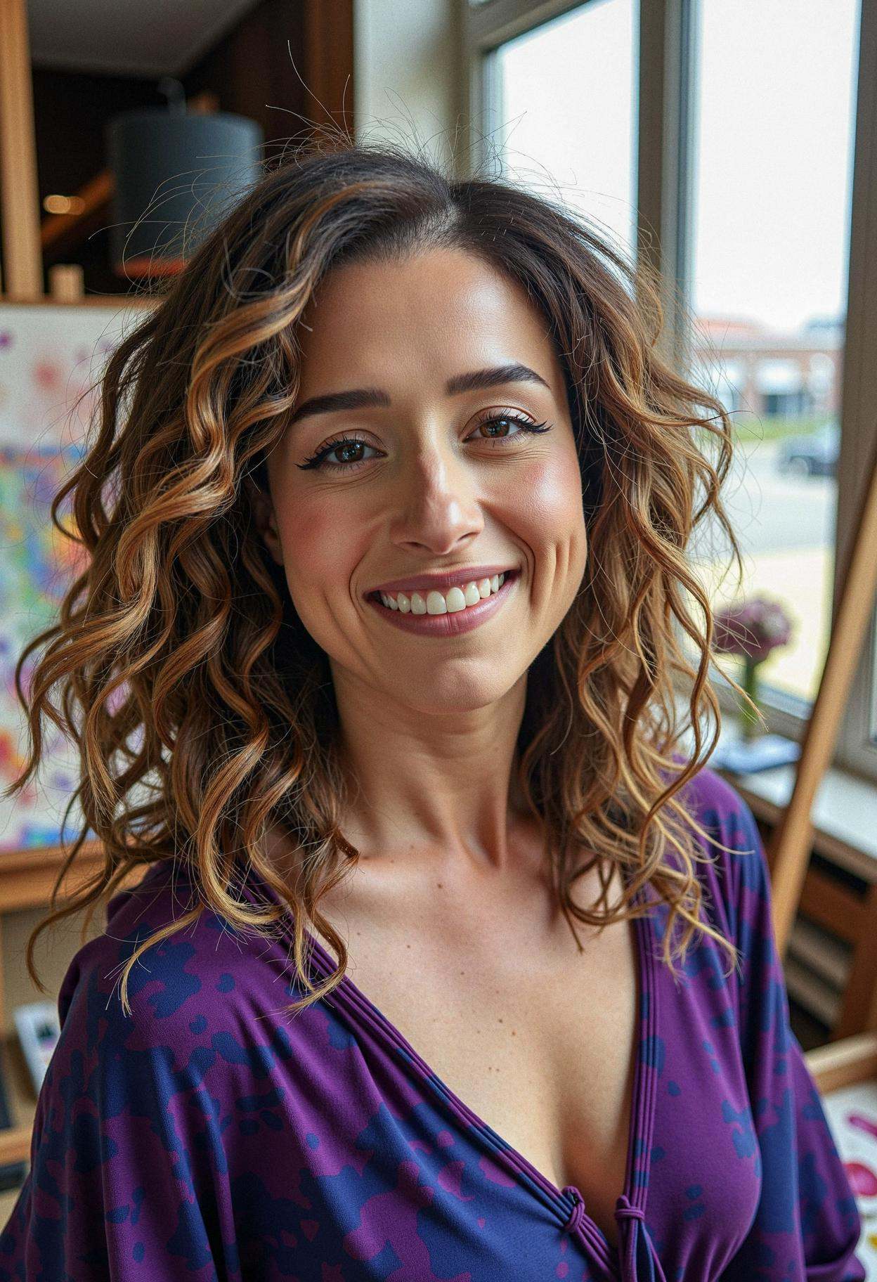 A woman in a creative studio space,  looking directly at the camera with an air of artistic confidence. She's wearing a vi...