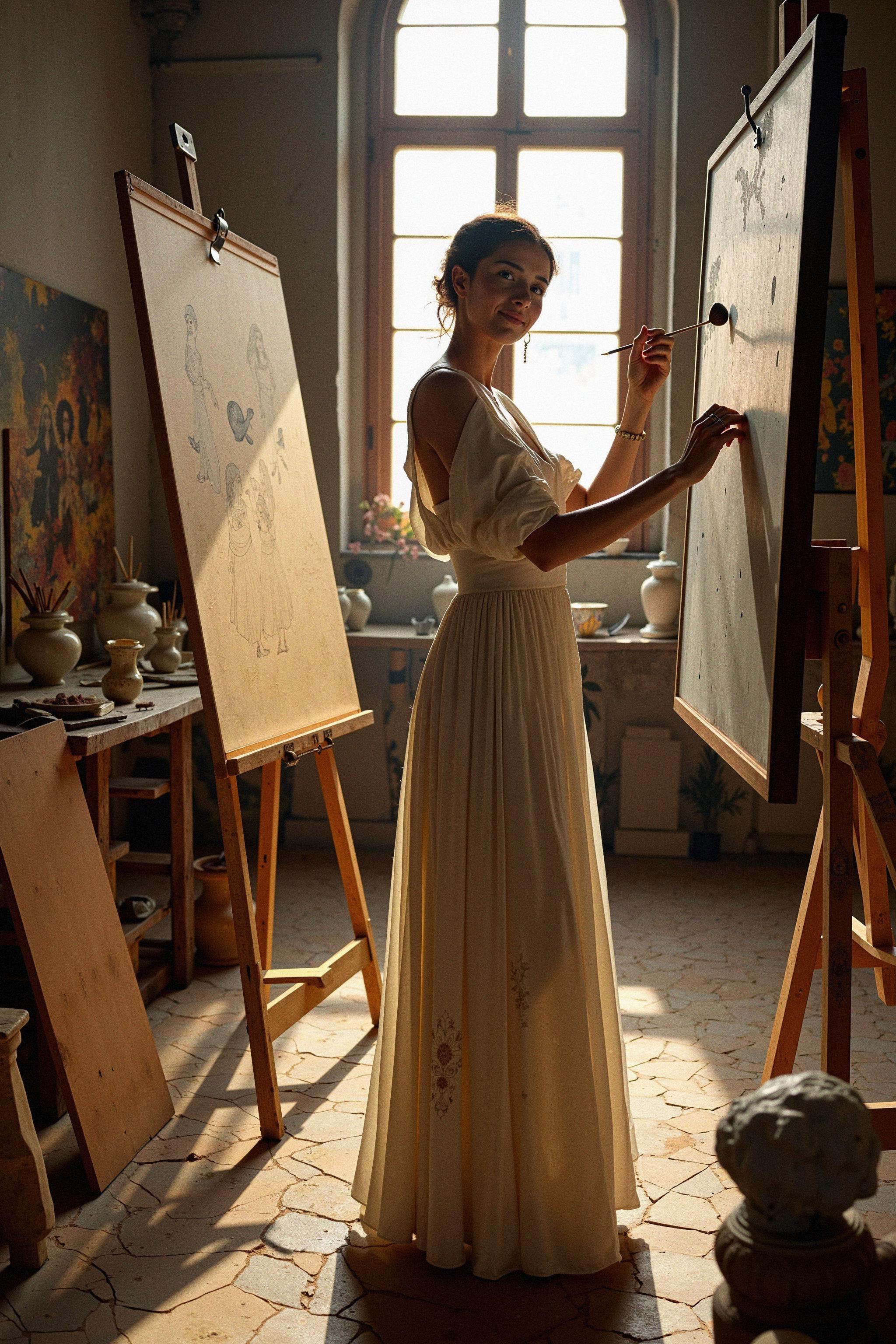 A full-body shot of a female artist from the Italian Renaissance,  standing before a massive canvas in her studio,  brush...