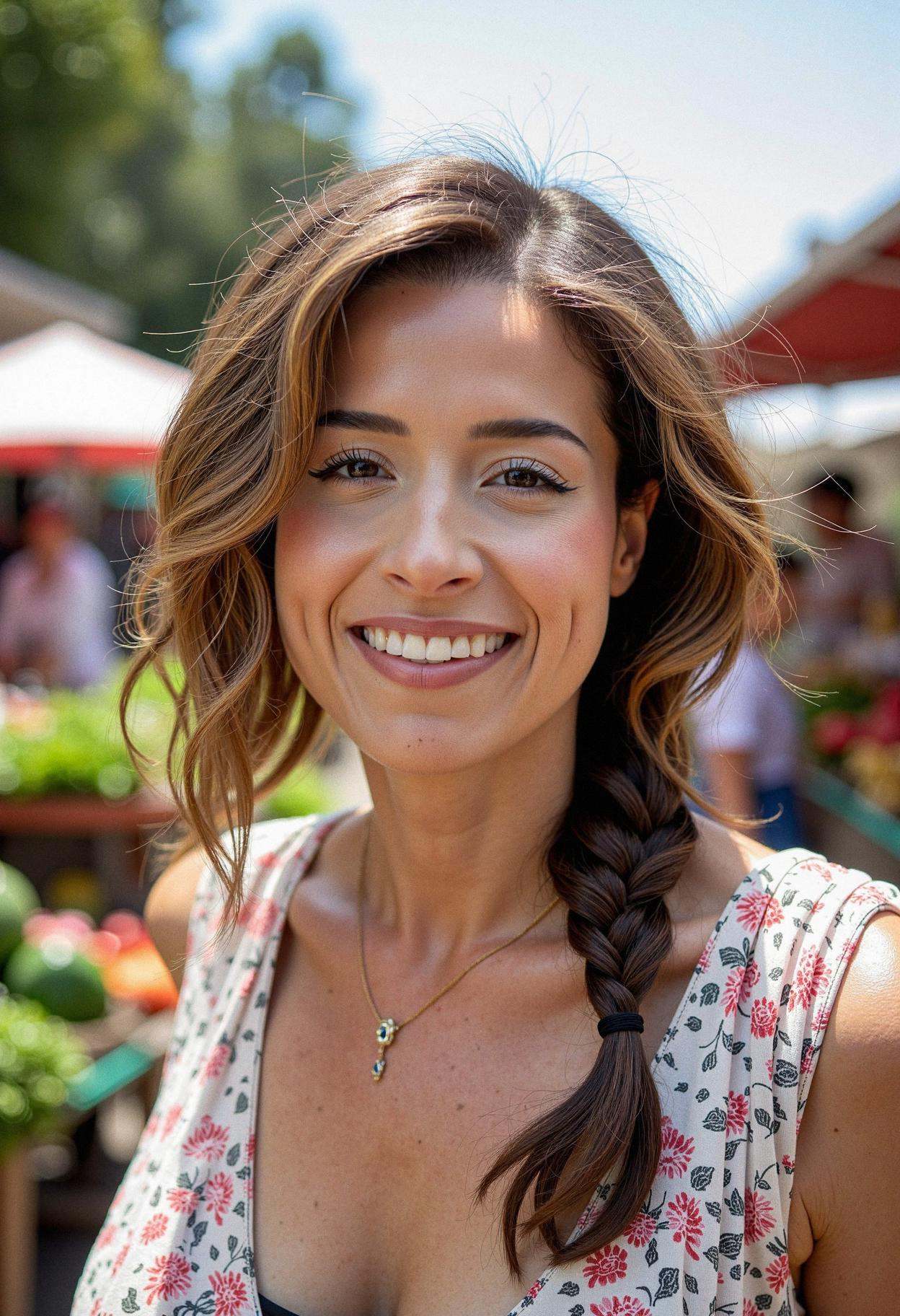 A woman in a bustling farmer's market,  radiating enthusiasm for sustainable living. Her shoulder-length hair is styled in...