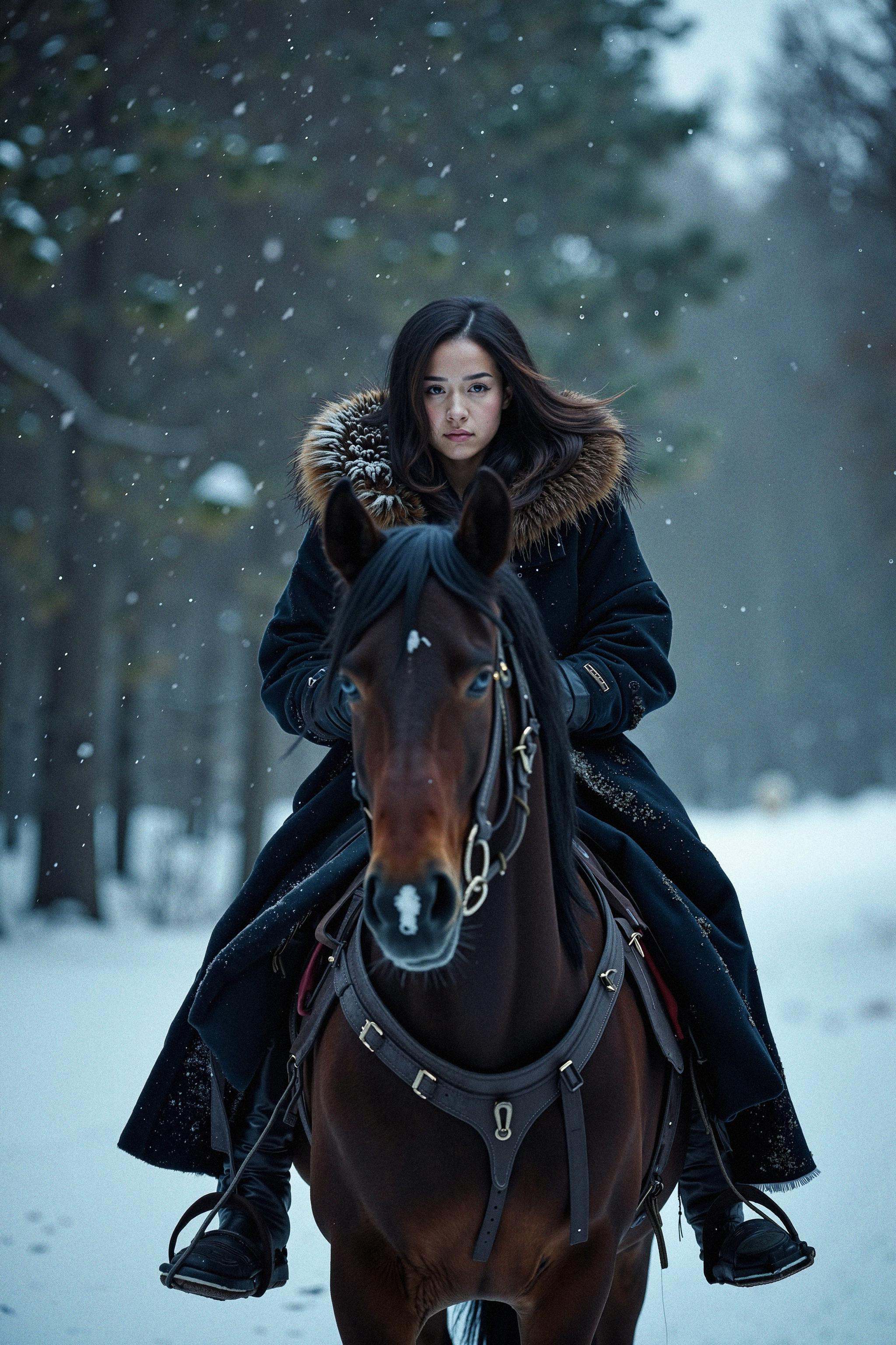 A woman rides a horse through a dense,  snow-covered forest at twilight in a full-body shot that captures both her and the...