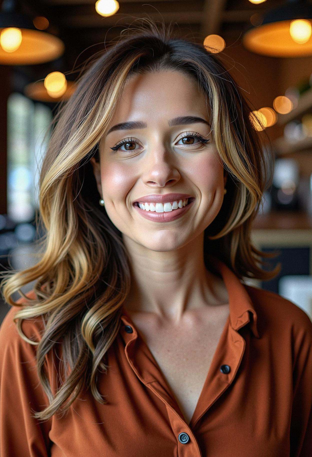 A woman at a local artisanal coffee roastery,  her eyes meeting the camera with warm enthusiasm. She's wearing a smart cas...