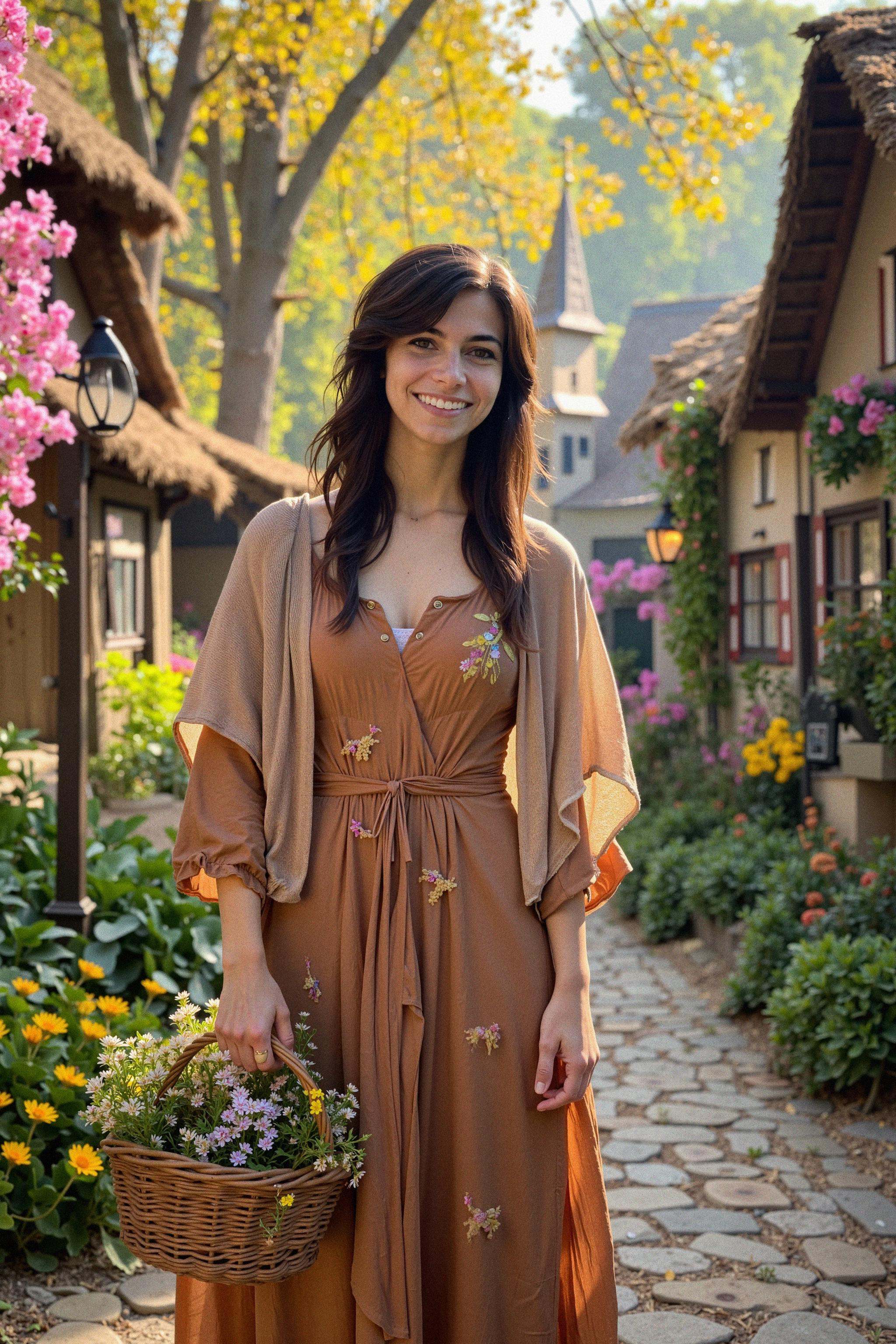A full-body shot of a young woman standing in the heart of a fairy tale village,  her face visible and illuminated with a...
