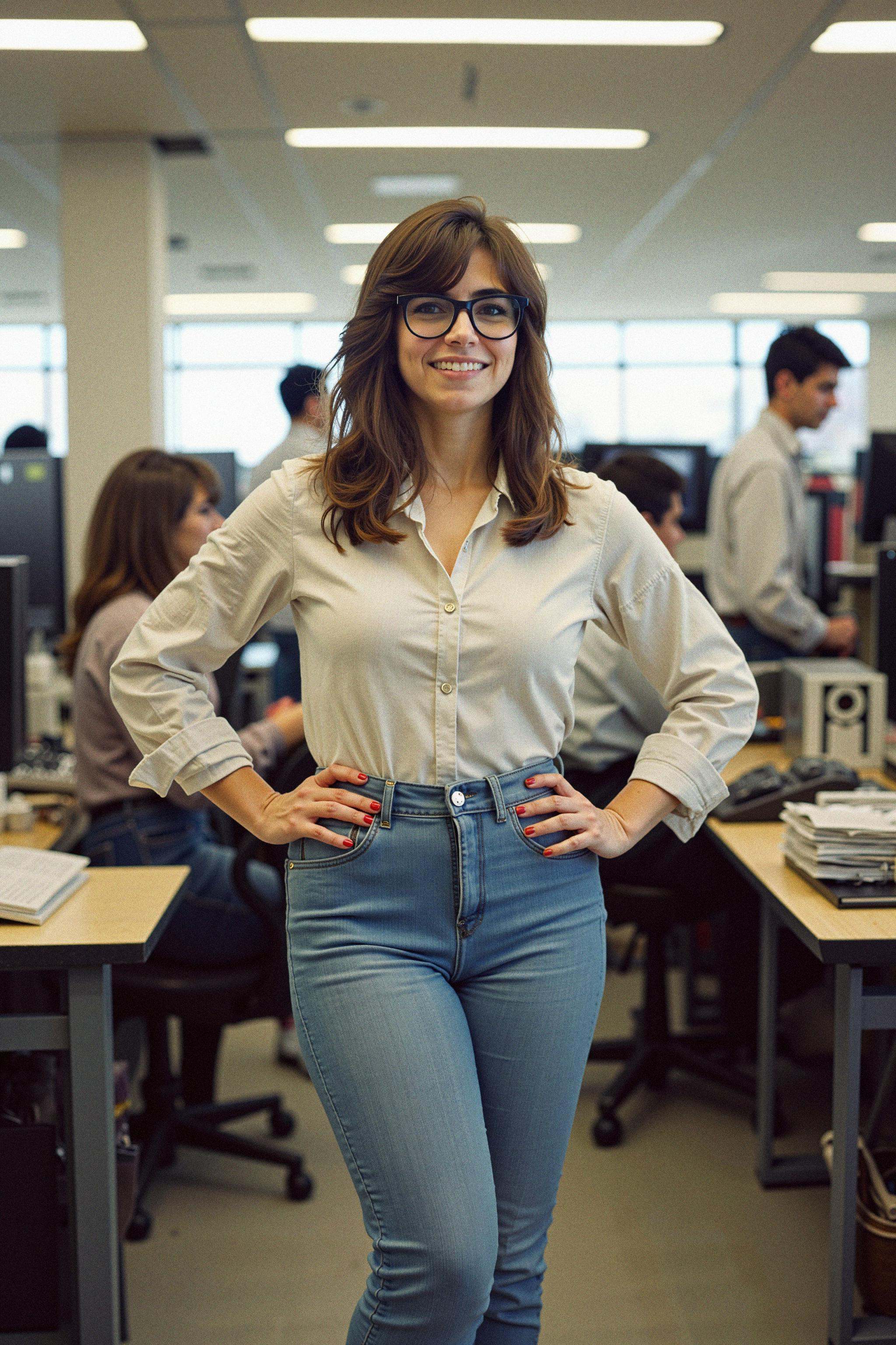 A full-body shot of a 1980s computer programmer standing proudly in a bustling office,  her hands resting confidently on h...