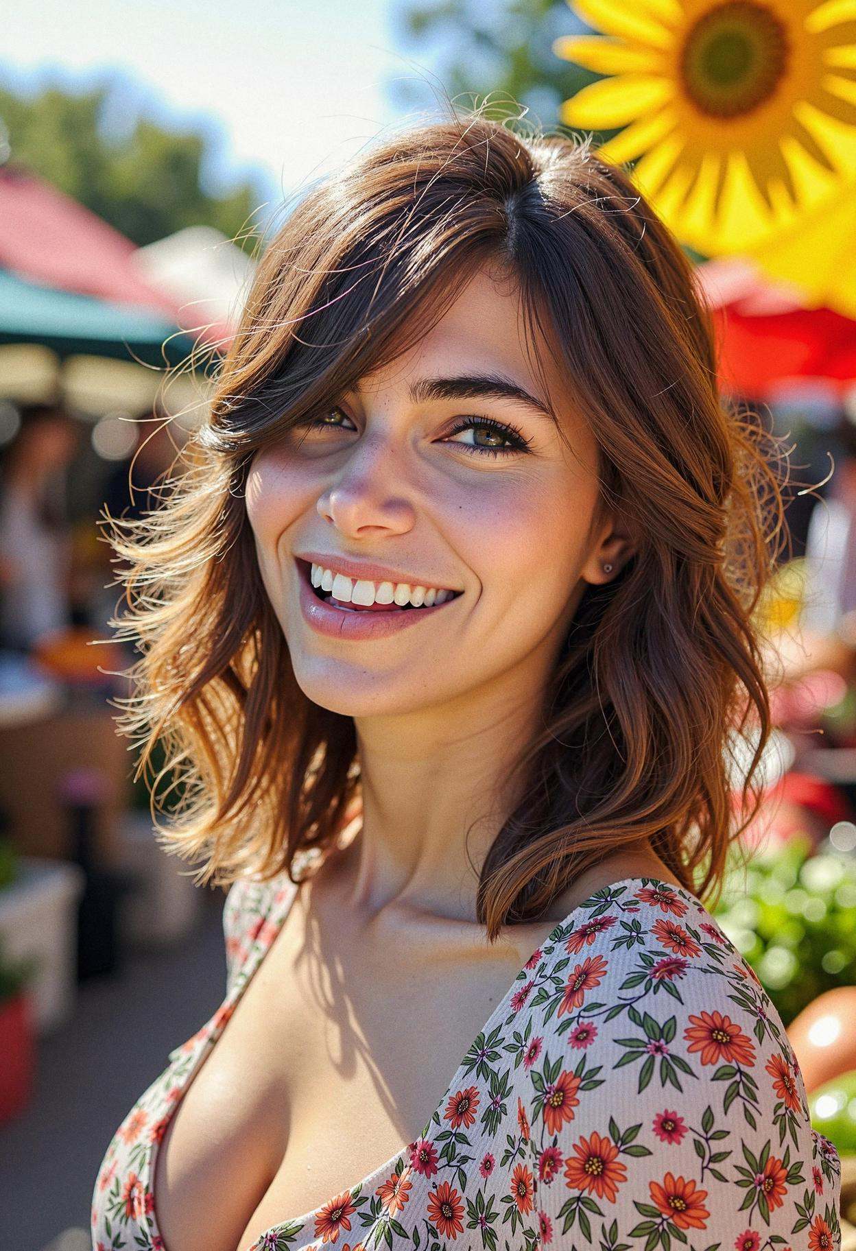 A woman in a bustling farmer's market,  radiating enthusiasm for sustainable living. Her shoulder-length hair is styled in...