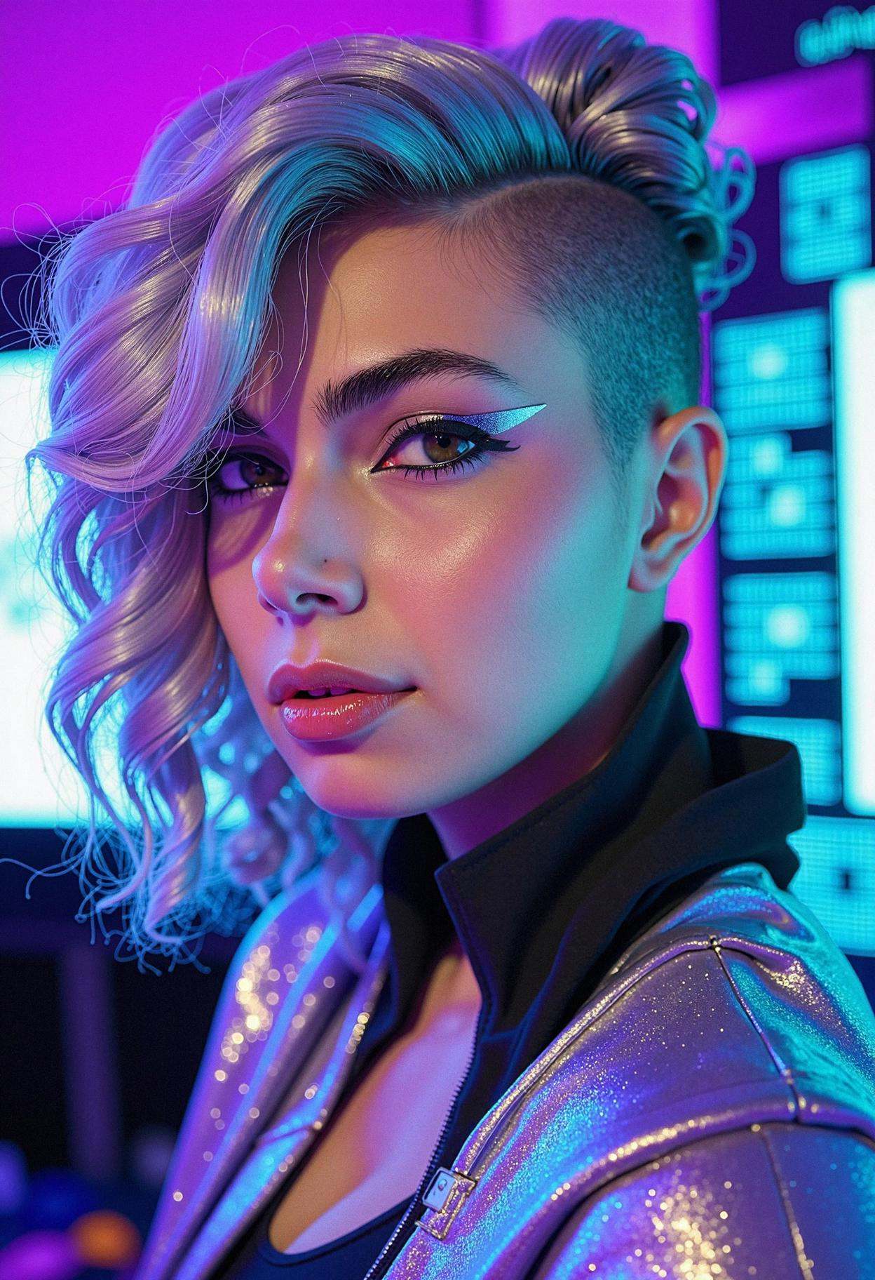 A woman at a cyberpunk tech fair,  embodying futuristic flair. Her hair is shaved on one side and styled into voluminous c...