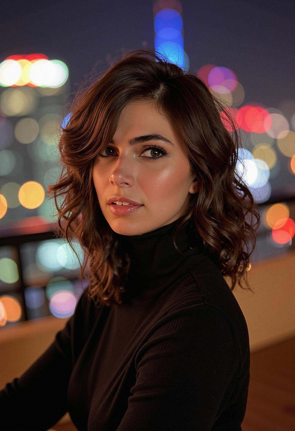 A woman at a chic,  urban rooftop bar,  looking at the camera with sophisticated charm. She's wearing a sleek on Tensor.Art