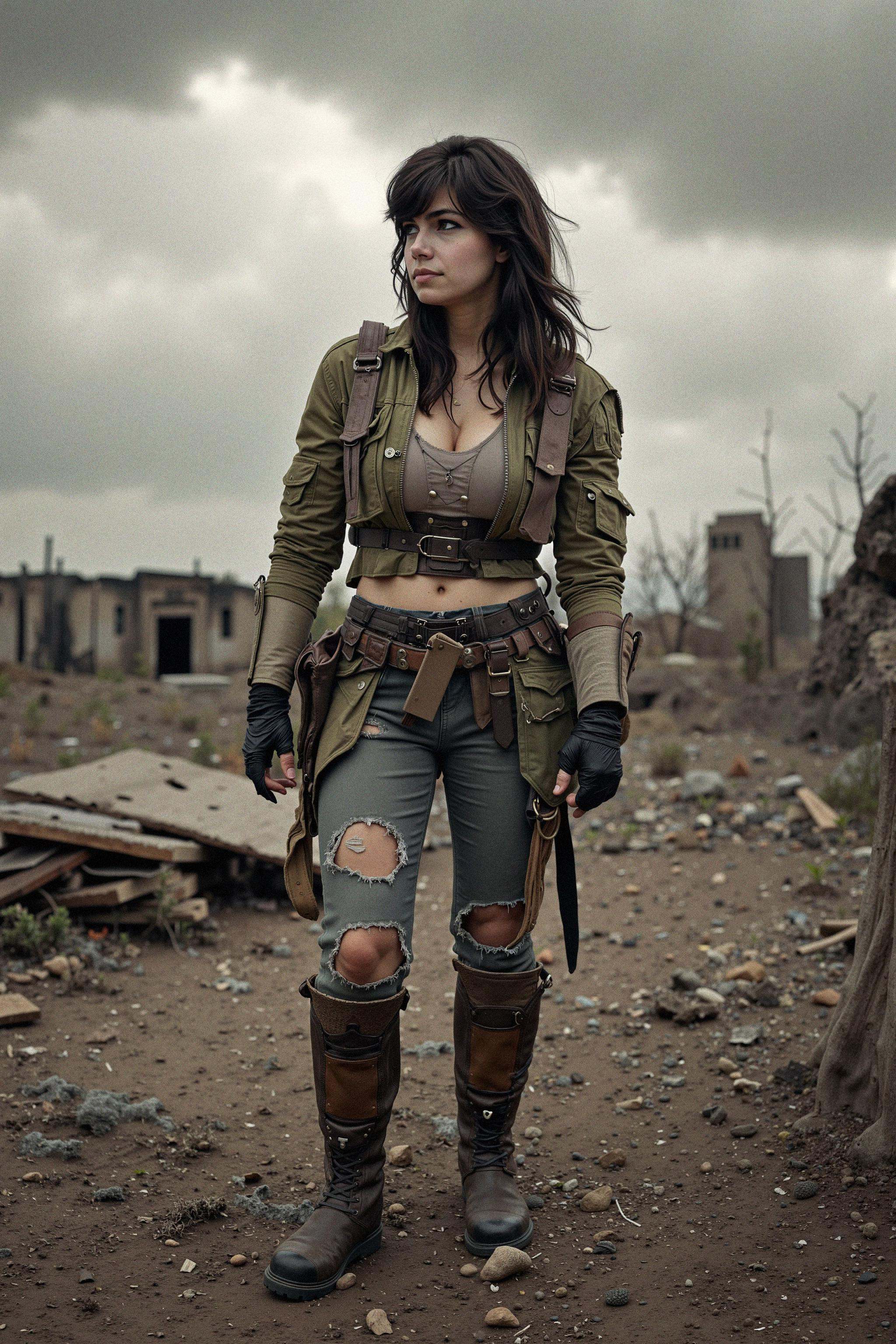 A woman stands resiliently in a desolate post-apocalyptic wasteland,  embodying survival and strength. She wears rugged,...