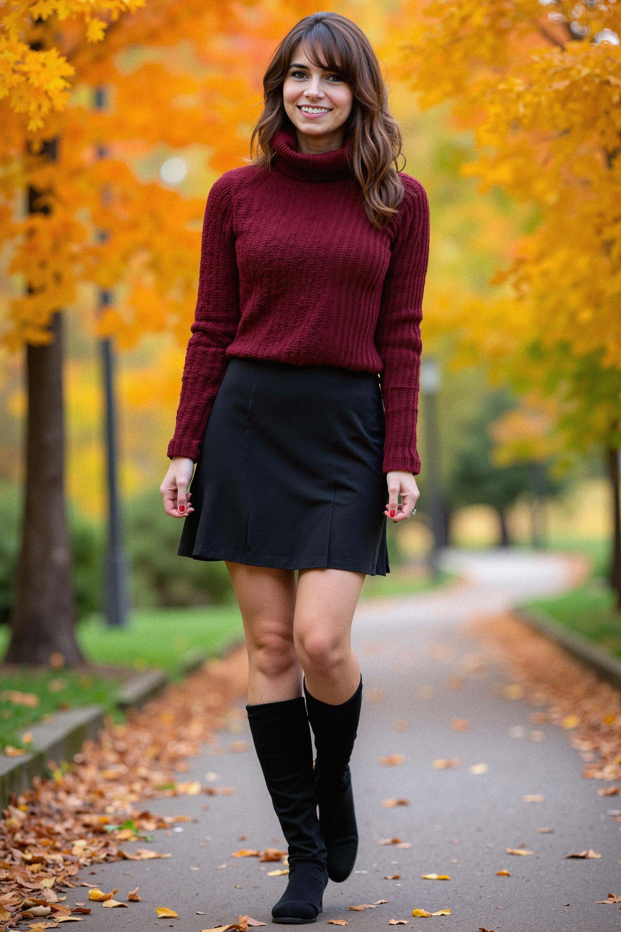 A graceful woman standing amidst colorful fall foliage in a park,  photographed in a full-body shot. She's dressed in a fi...