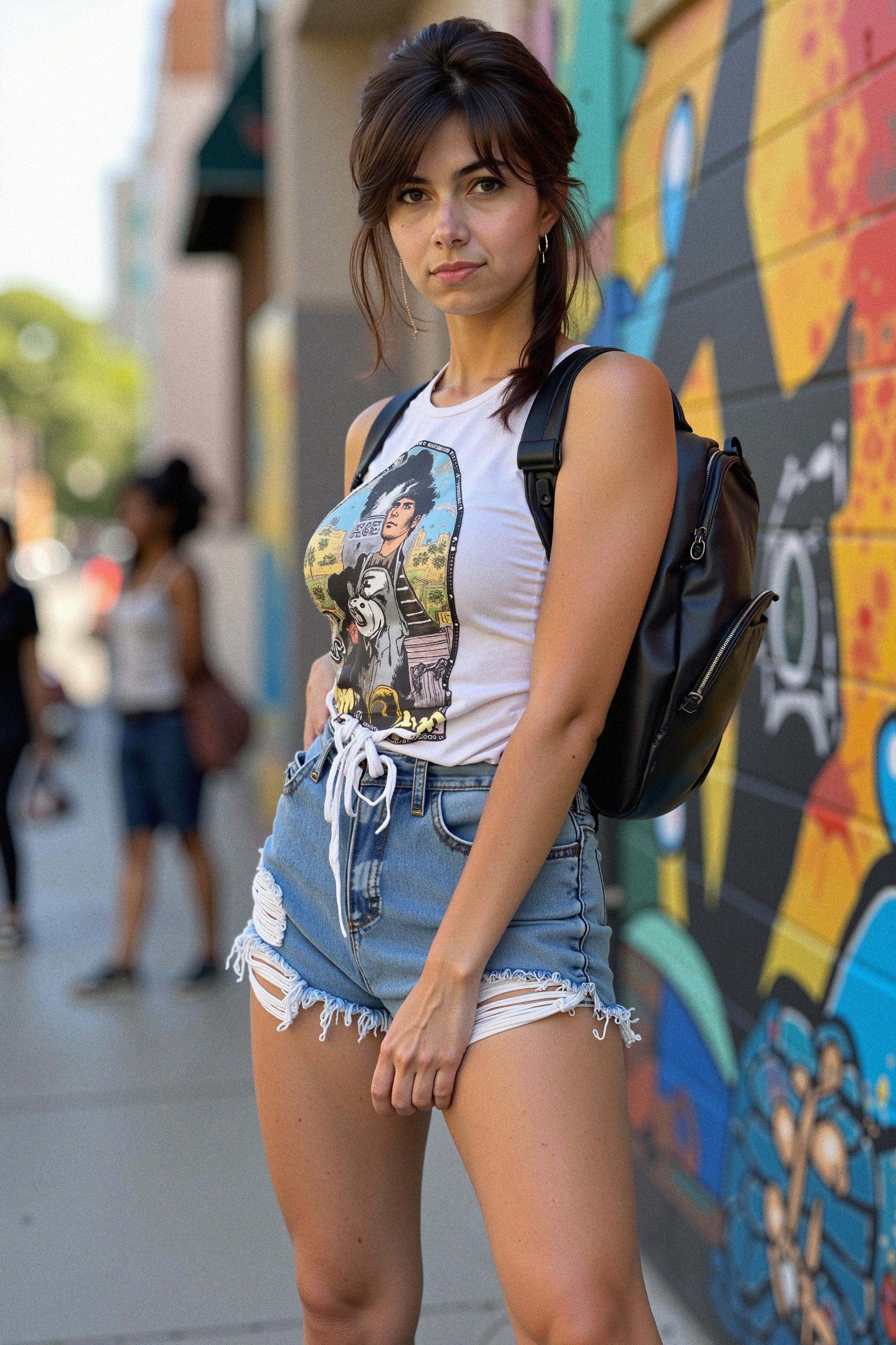 A creative woman standing near a vibrant mural in an urban art district,  photographed in a full-body shot. She's wearing...