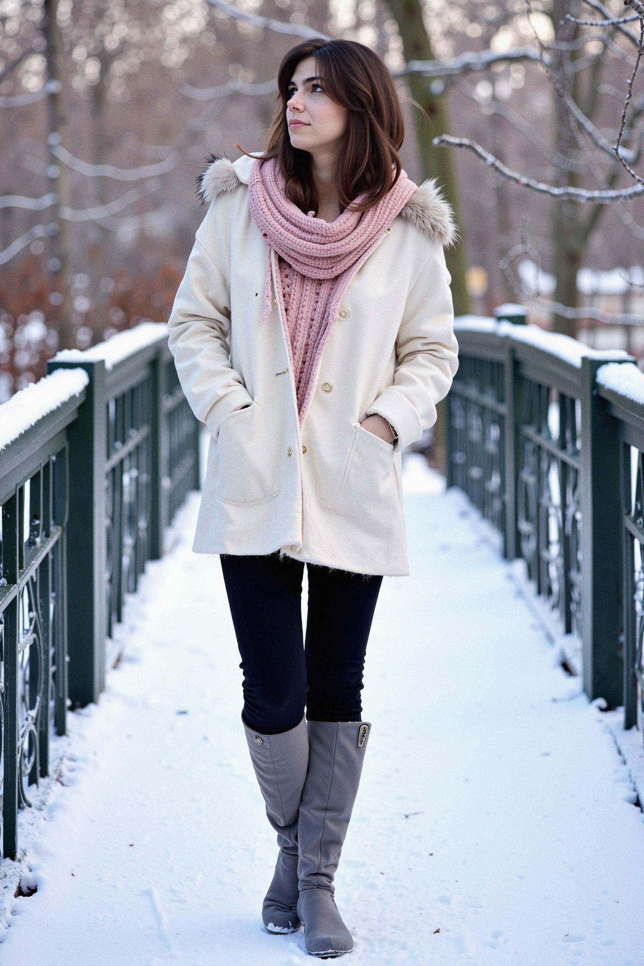 A woman standing on a charming snow-covered bridge in a winter garden,  captured in a full-body shot with her face clearly...