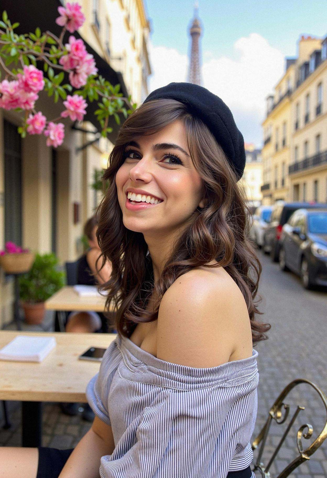 A woman seated at a quaint café terrace in Paris,  giggling as she looks away from the camera toward the Eiffel Tower in t...