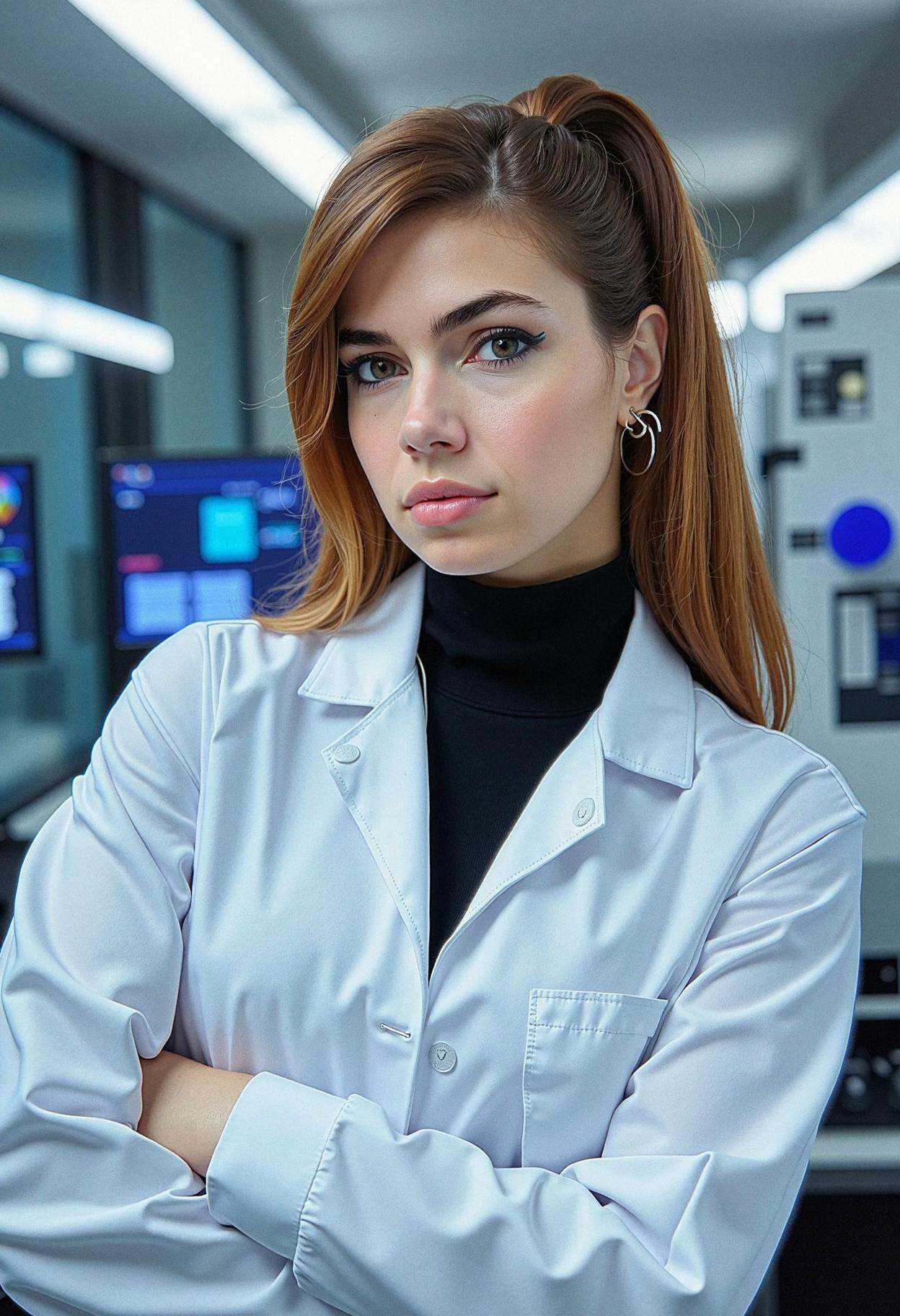 A woman in a cutting-edge research laboratory,  conveying scientific expertise. Her auburn hair is styled in a sleek,  hig...