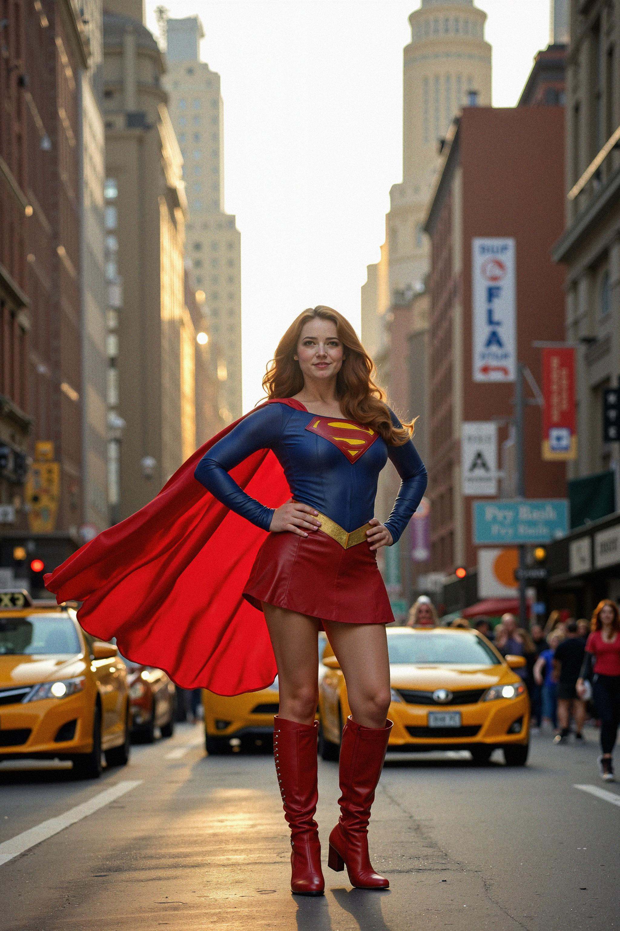 A full-body shot of Superwoman standing confidently in the middle of a bustling New York City street at dawn,  with skyscr...