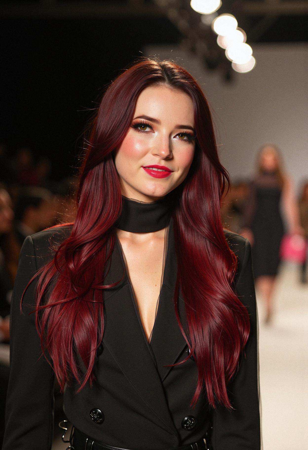 A woman at a high-fashion runway show,  embodying high-end chic. Her long,  straightened hair is fully dyed in a sophistic...