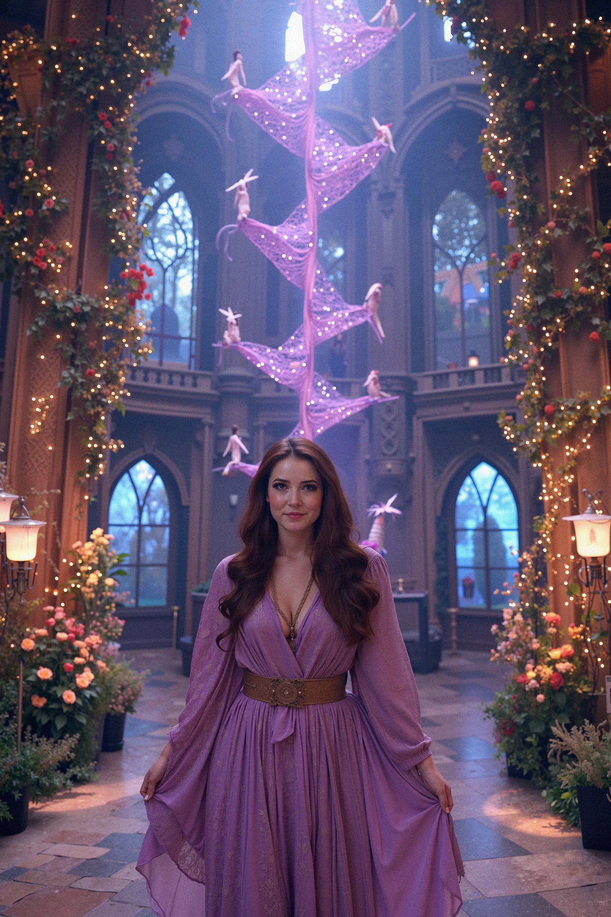 A woman stands in the grand hall of an enchanted castle,  her face fully visible and illuminated by the soft glow of float...