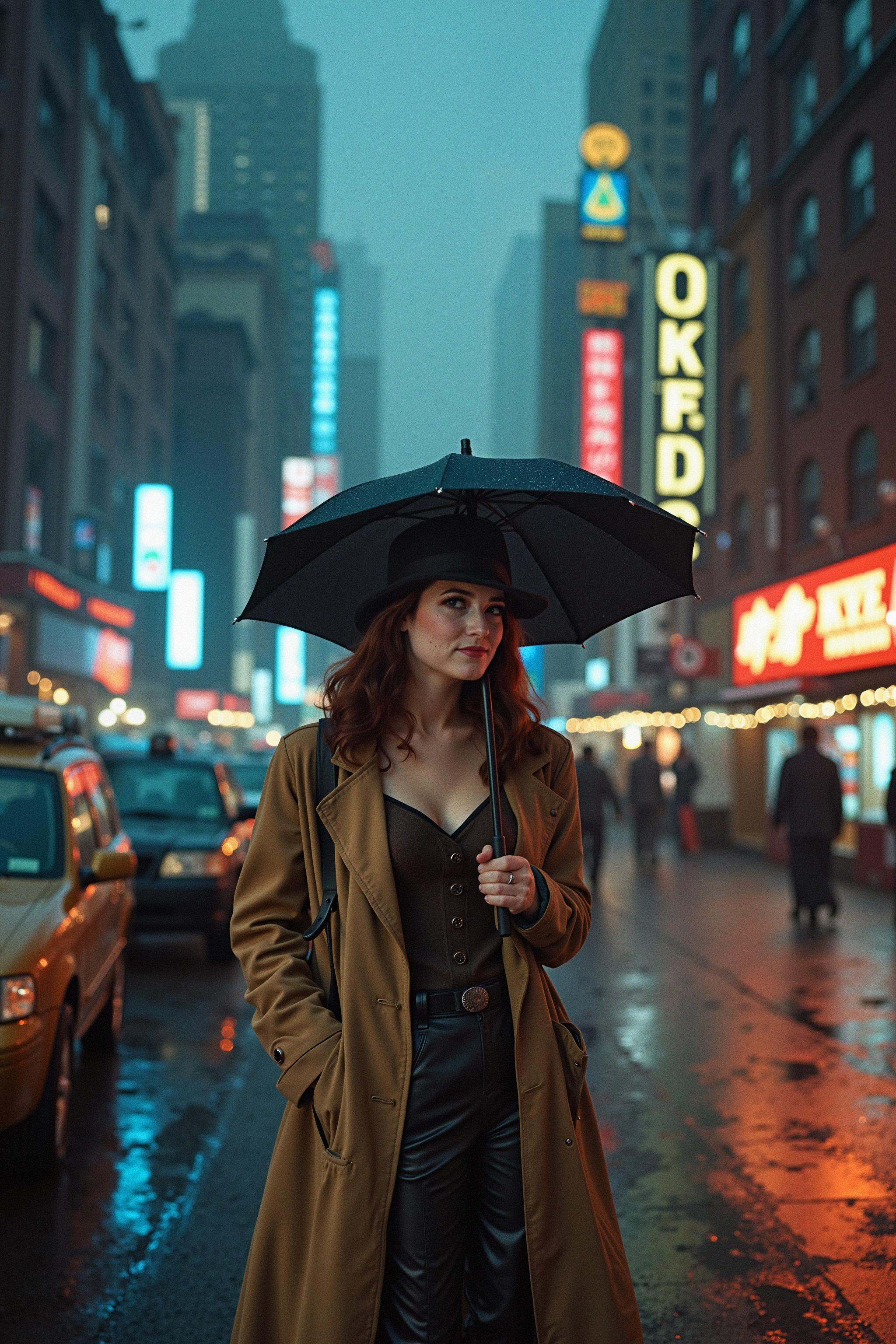 A woman stands resolutely on a rain-soaked street in a dark,  noir-inspired cityscape,  embodying the role of a hard-boile...