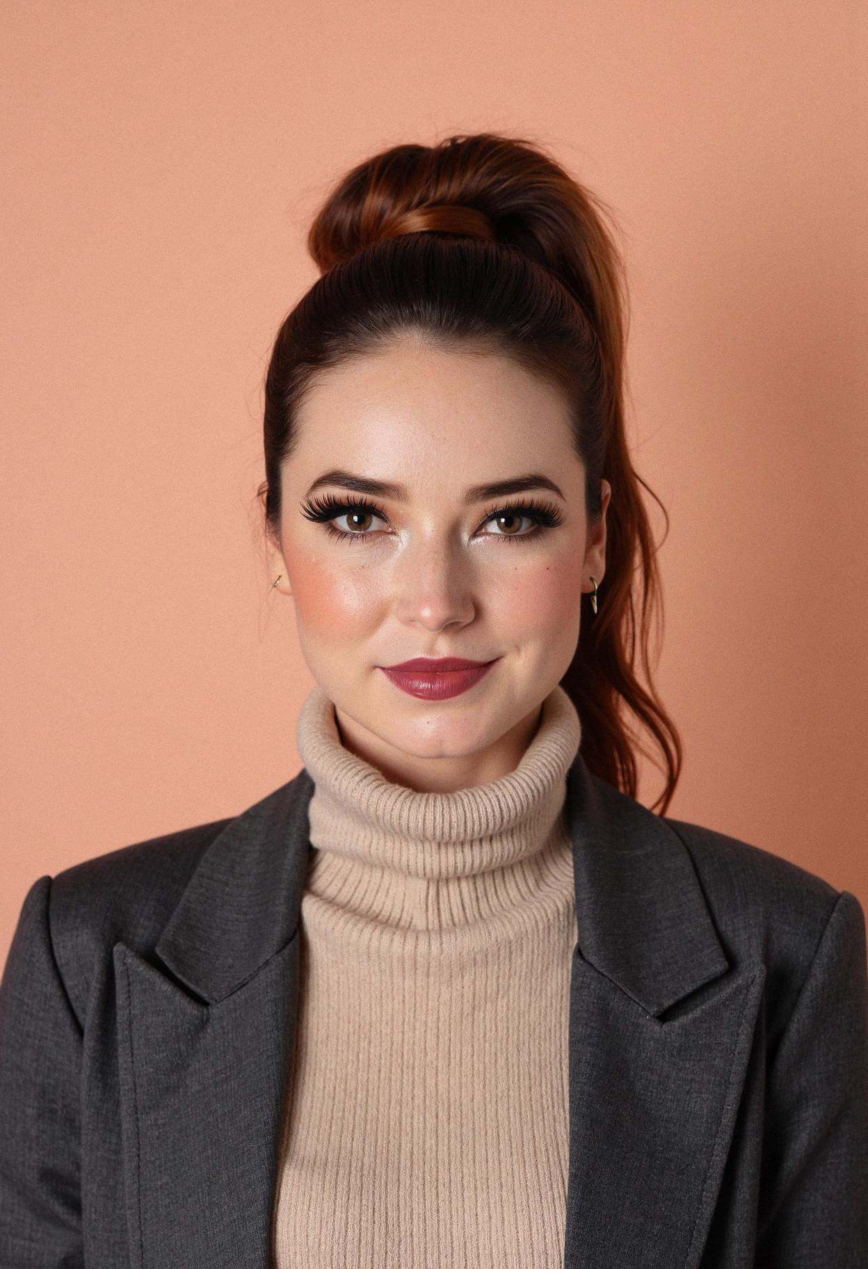 A professional head shot photograph of a woman with a neutral expression,  standing before a solid pastel peach background...