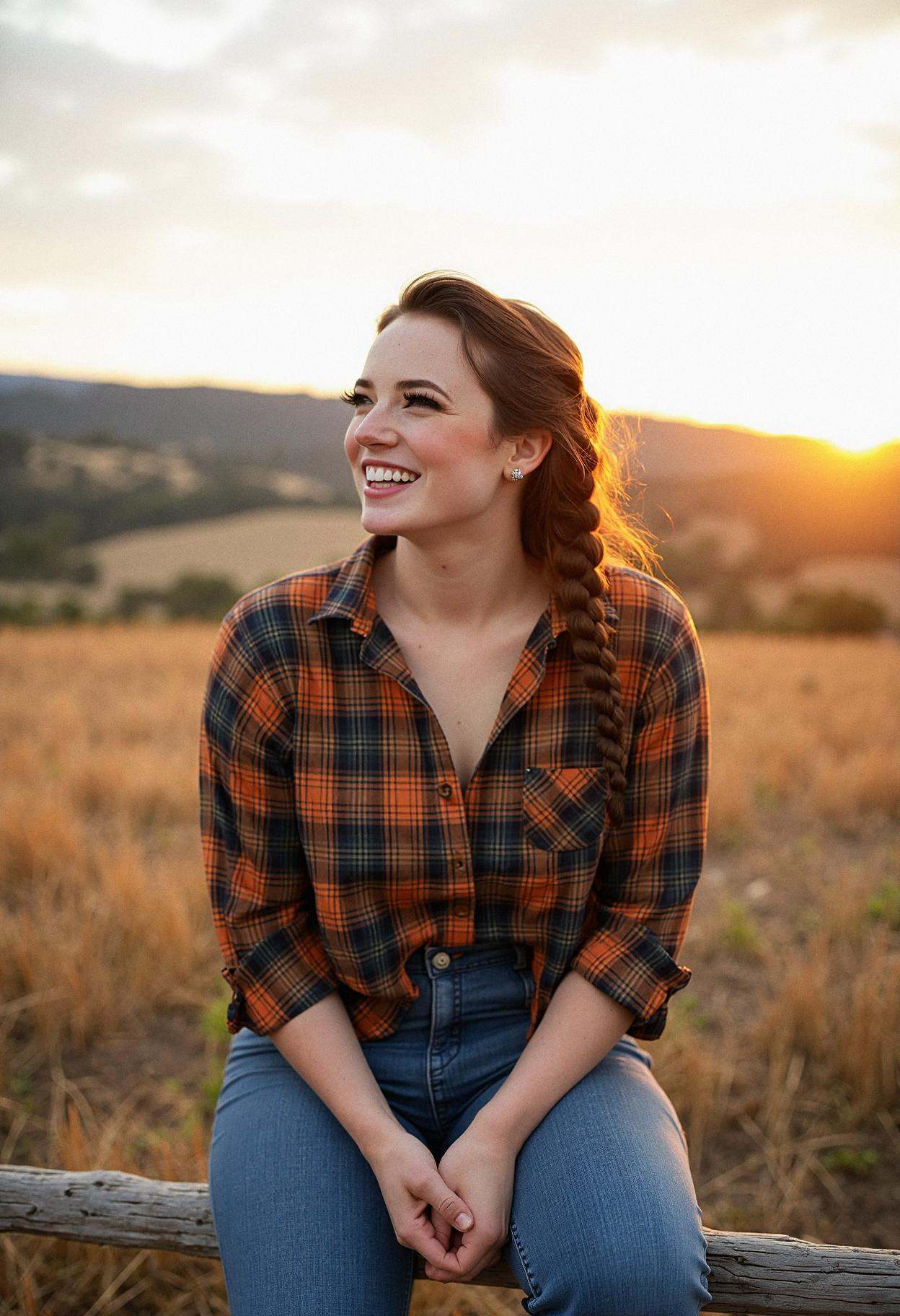 A woman sitting on a rustic wooden fence in the countryside,  giggling as she gazes into the distance away from the camera...