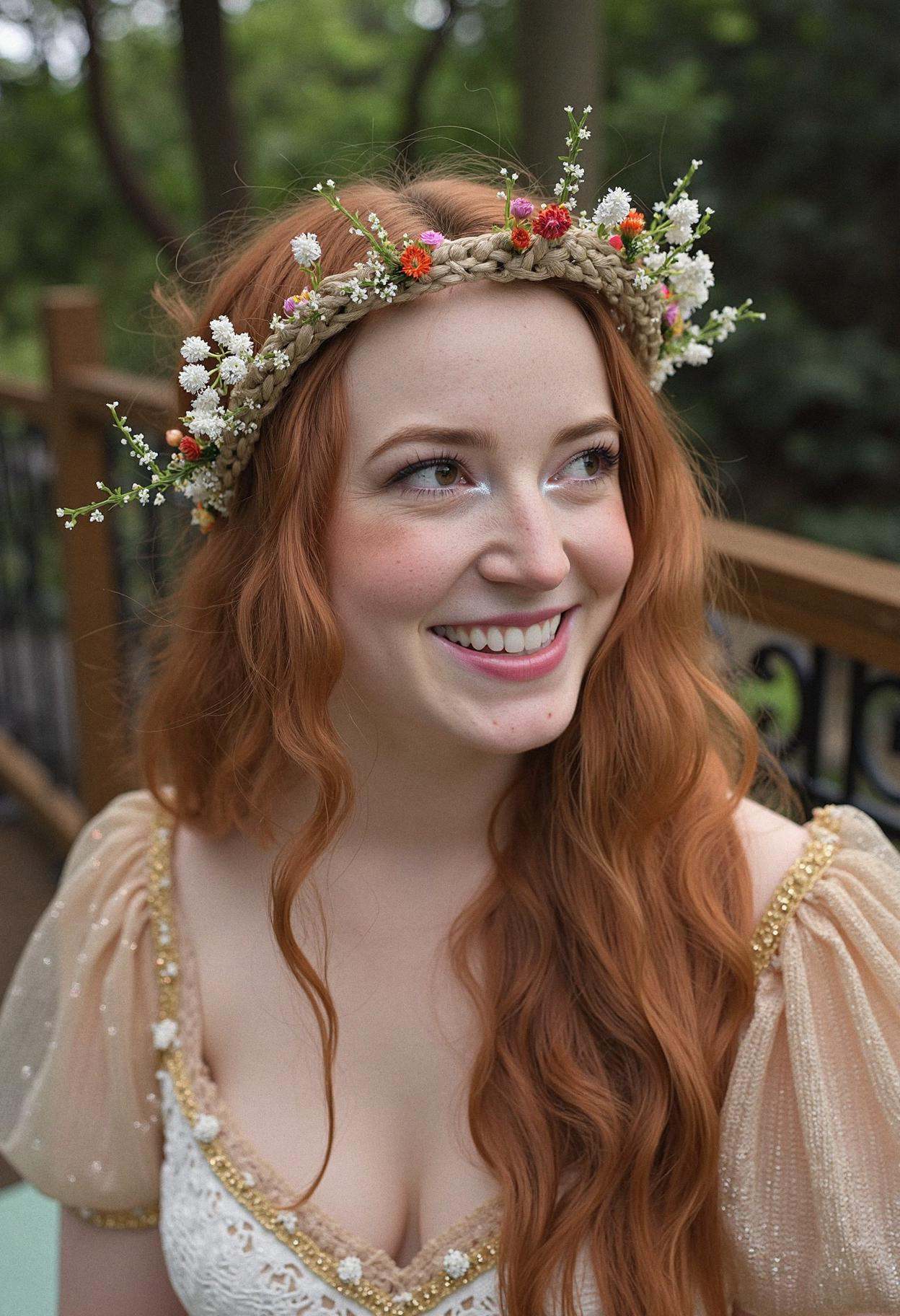 A woman at a whimsical fairy tale-themed wedding,  channeling magical vibes. Her long hair is styled in an elaborate braid...