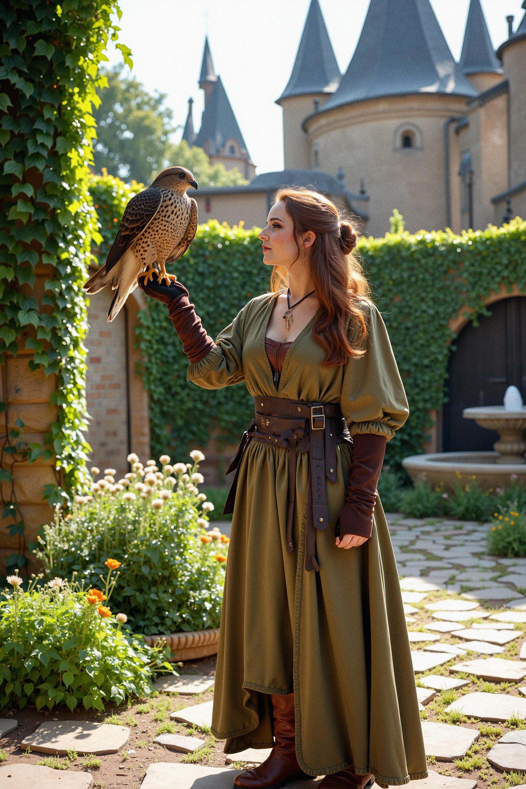 Full body shot of a medieval falconer standing in a lush castle courtyard,  holding a falcon perched on her gloved arm. Sh...