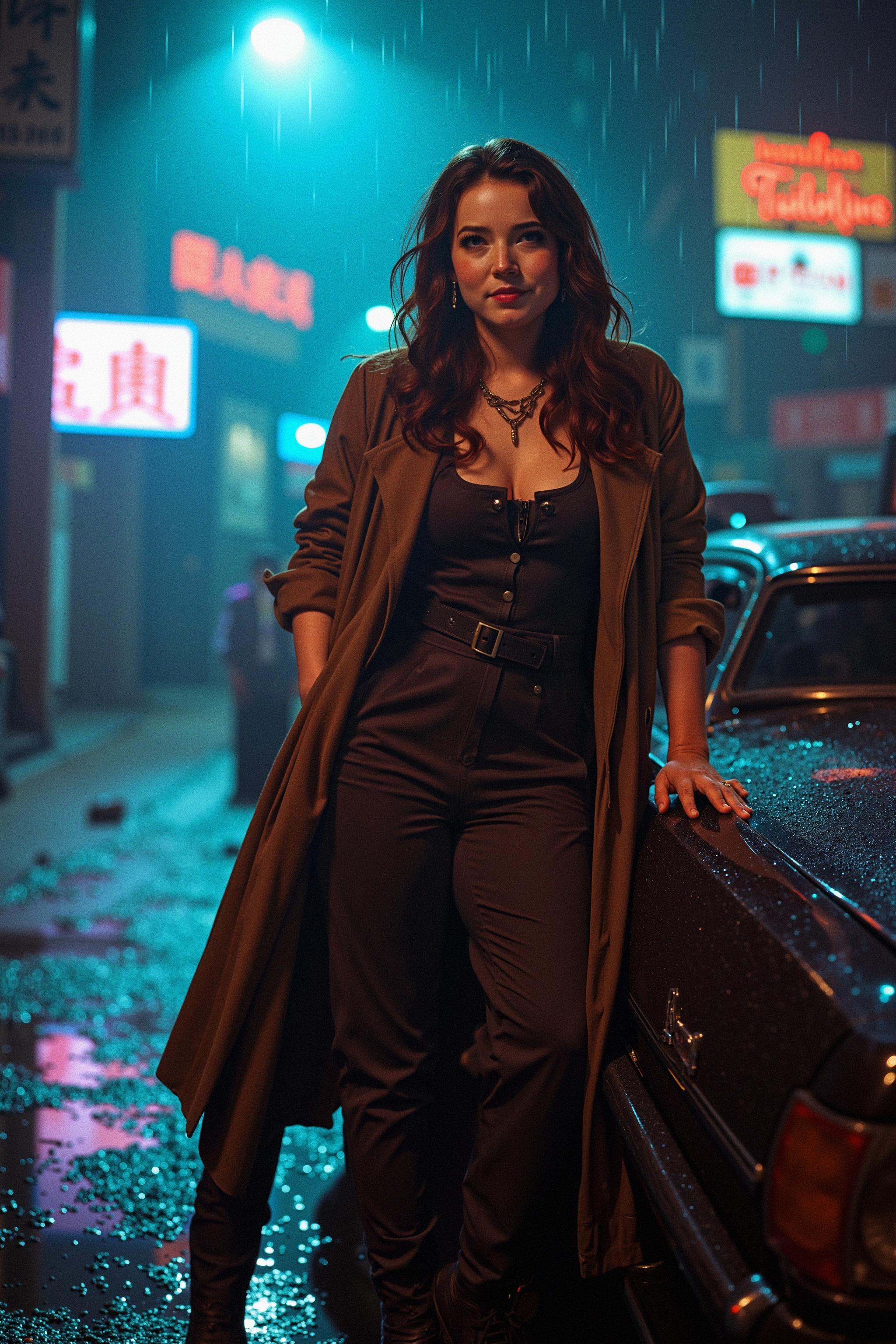 A woman leans against a rain-slicked car in a neon-lit alley. She's wearing a form-fitting trench coat and high-waisted tr...
