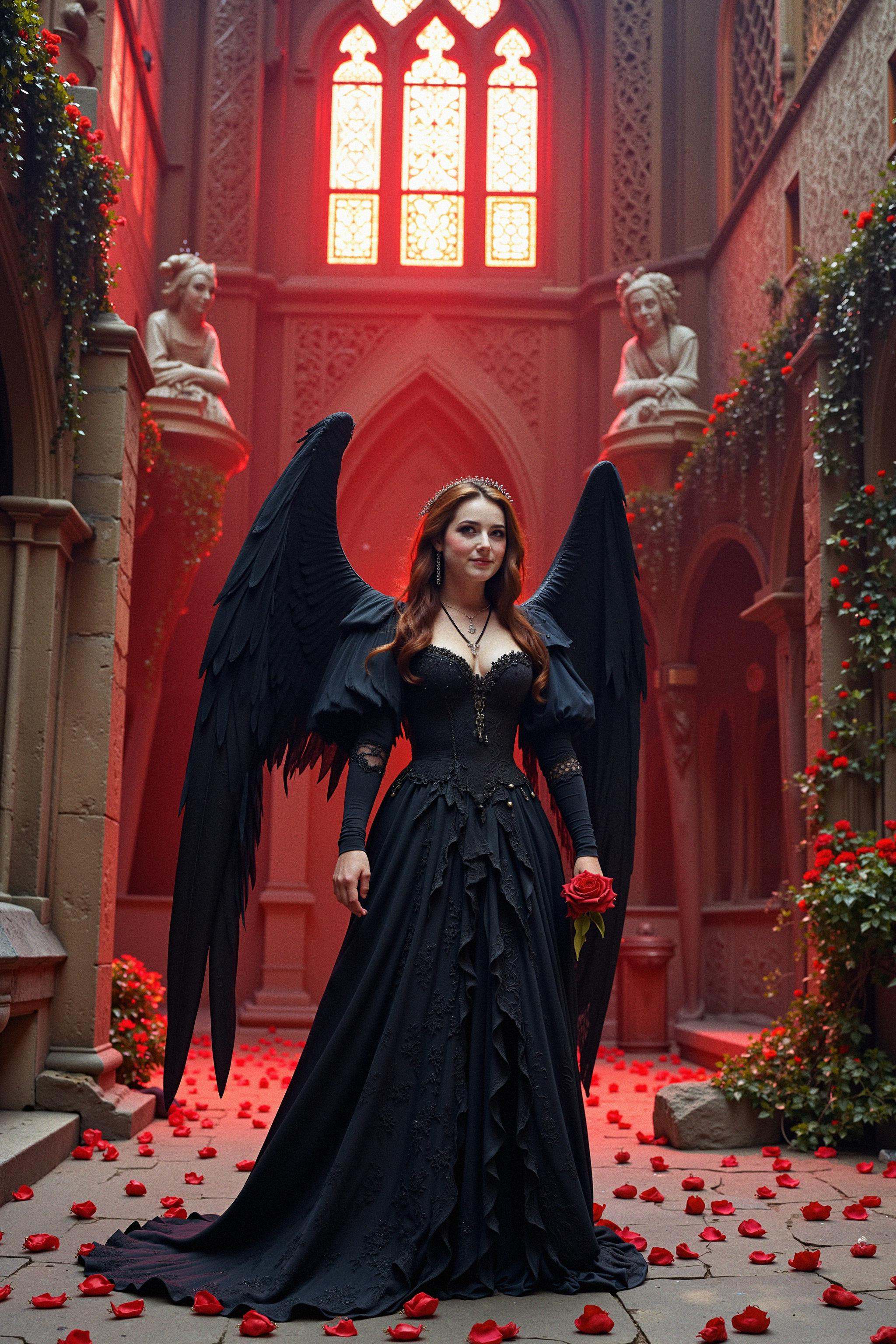 A woman with dark,  majestic wings stands in an ancient stone courtyard surrounded by towering gothic arches,  with window...