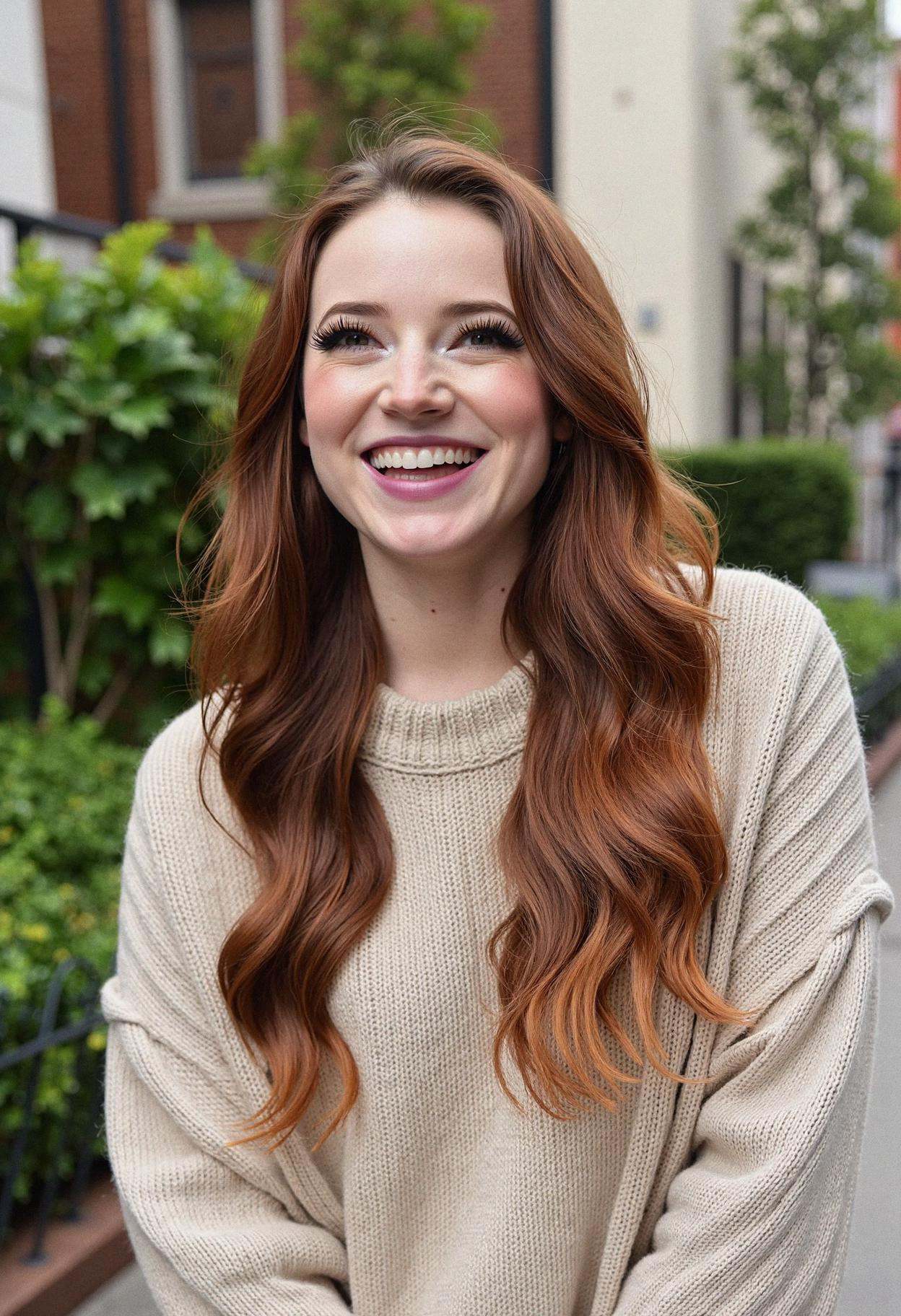A professional headshot of a woman with wavy hair,  wearing fluffy false lashes,  natural foundation on Tensor.Art