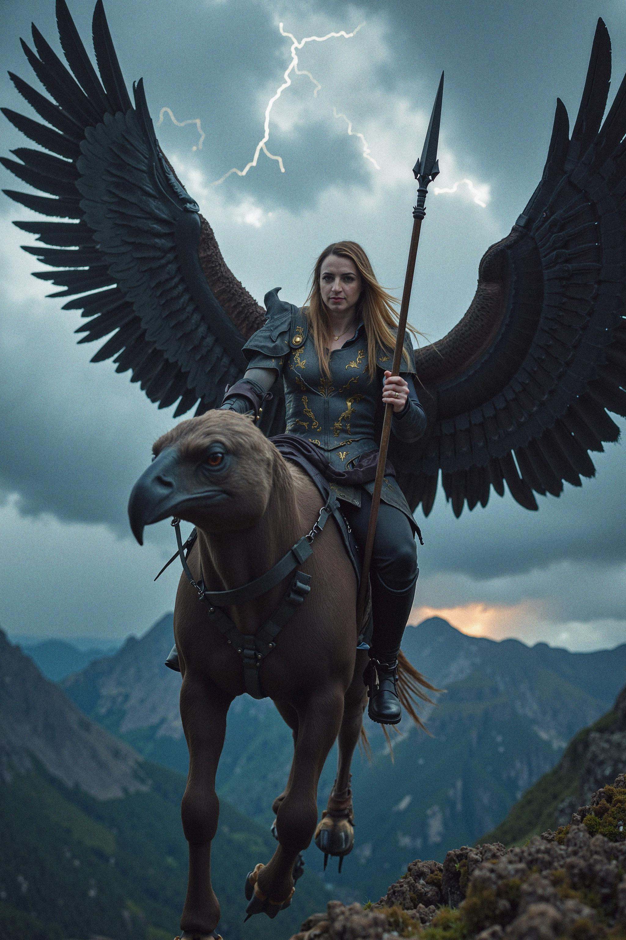 A full-body shot of a modern-day Valkyrie soaring through stormy skies on the back of a majestic eagle. She’s clad in armo...