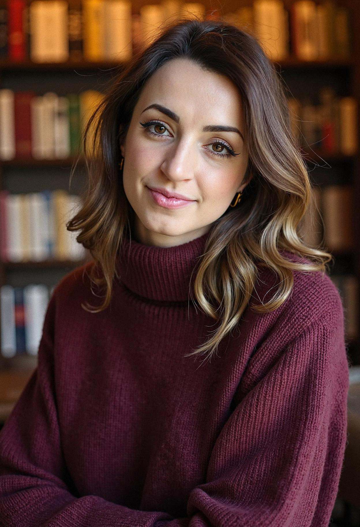 A professional headshot of a woman in a cozy bookstore,  gazing thoughtfully into the camera. She’s wearing a soft,  overs...