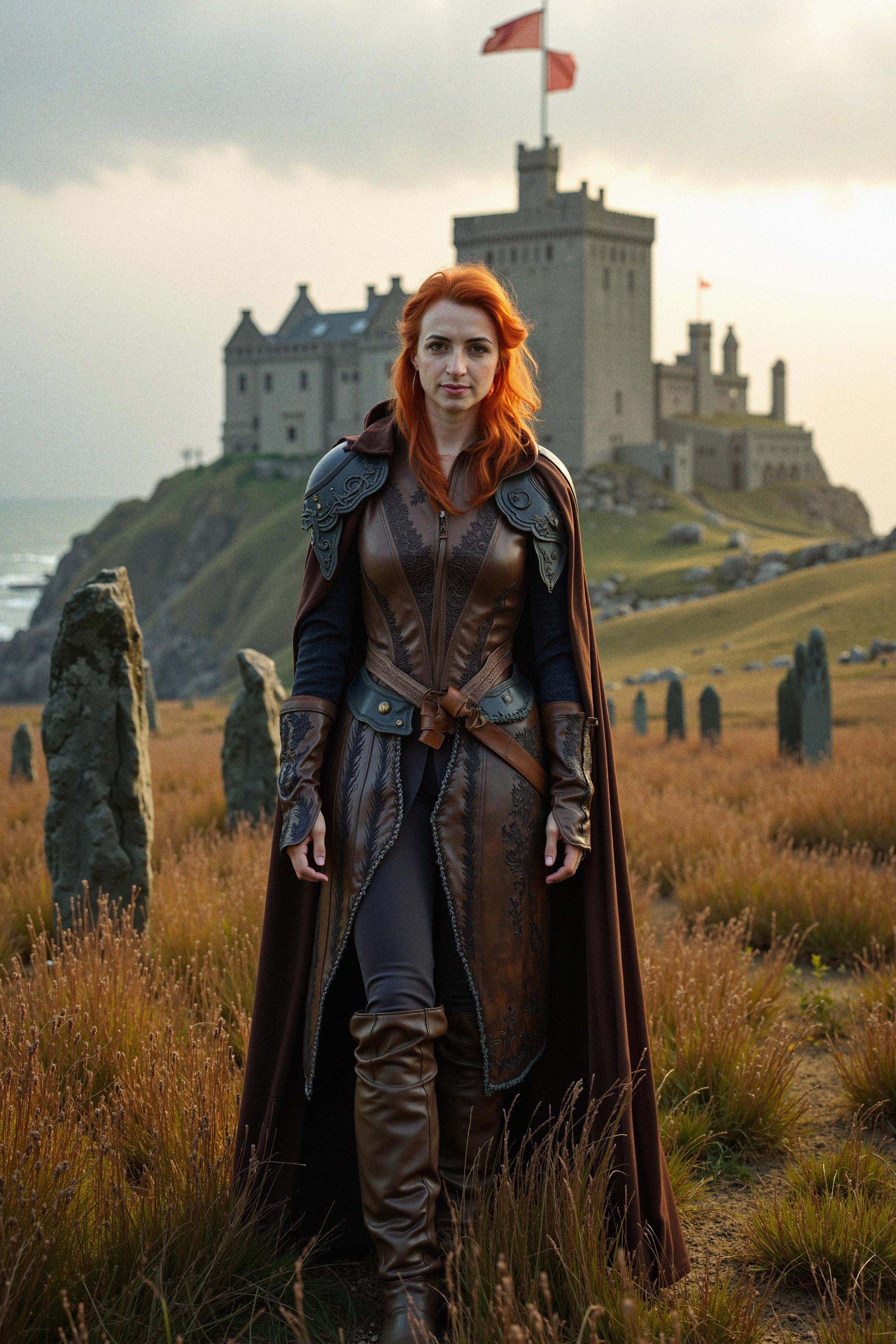 A woman warrior stands atop a windswept hill,  her long cloak billowing in the breeze. She wears intricately crafted leath...