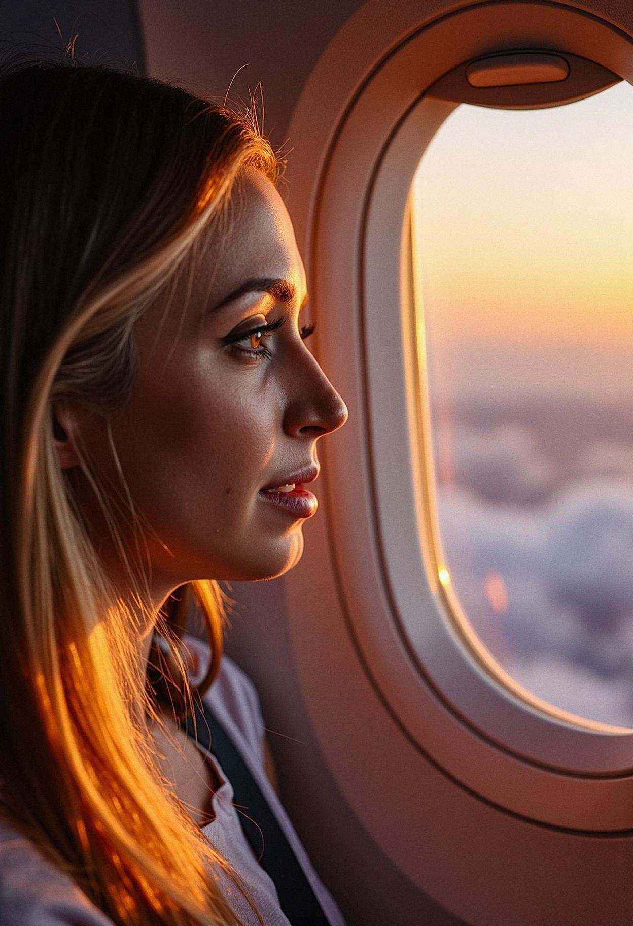 A female passenger in side profile,  facing right,  gazing out of an airplane window at sunset. Her face is lit by the war...