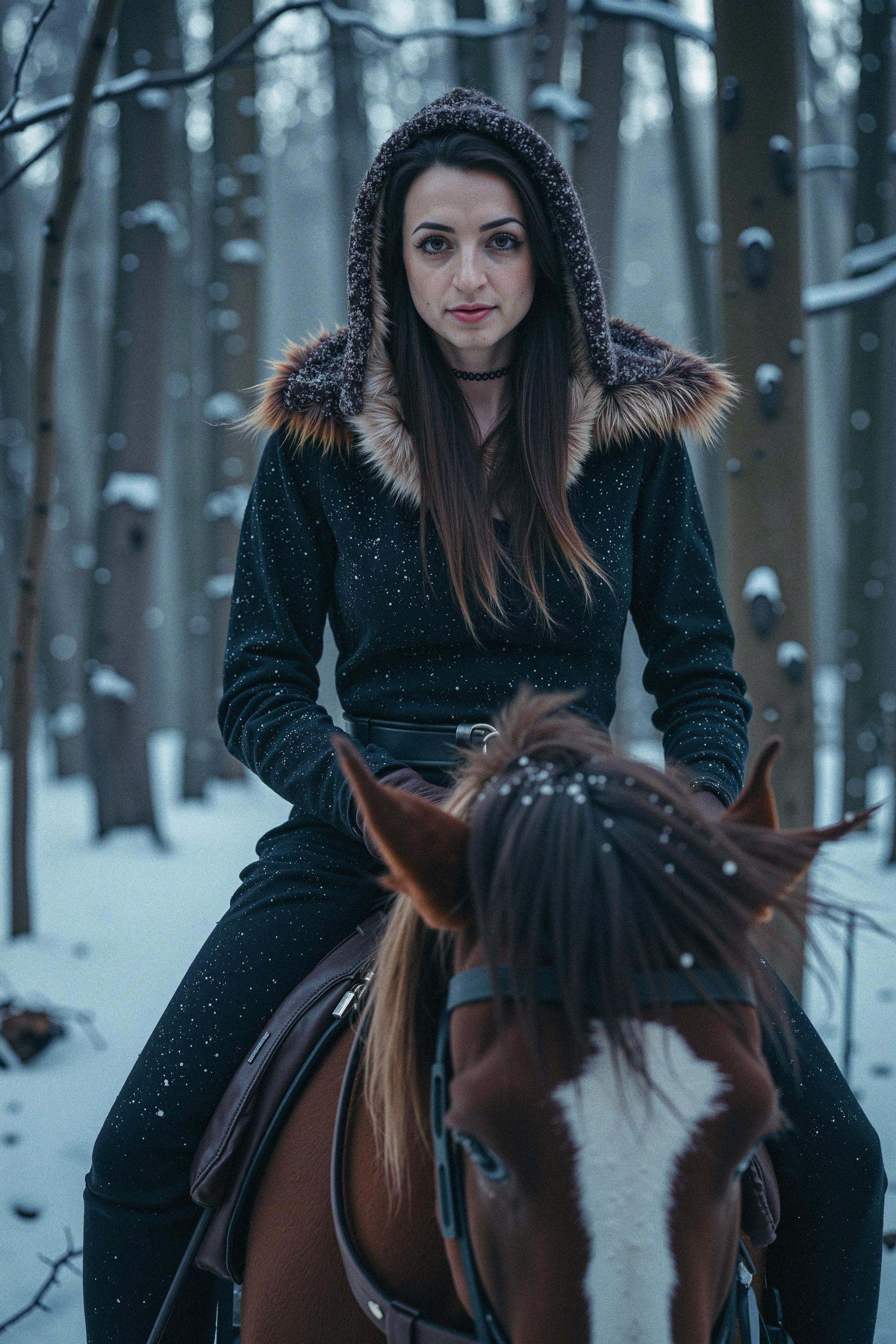 A woman rides a horse through a dense,  snow-covered forest at twilight in a full-body shot that captures both her and the...