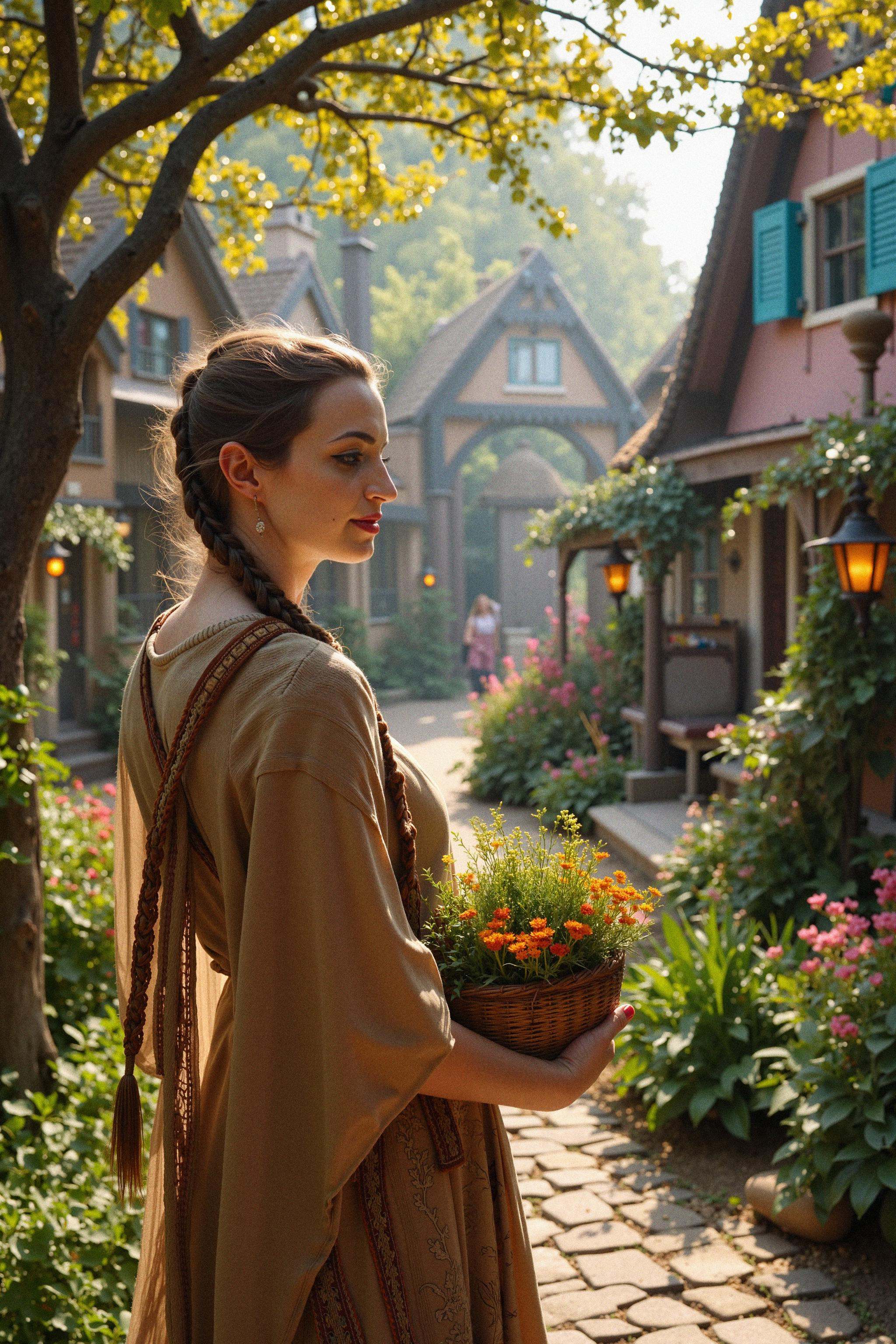 A full-body shot of a young woman standing in the heart of a fairy tale village,  her face visible and illuminated with a...