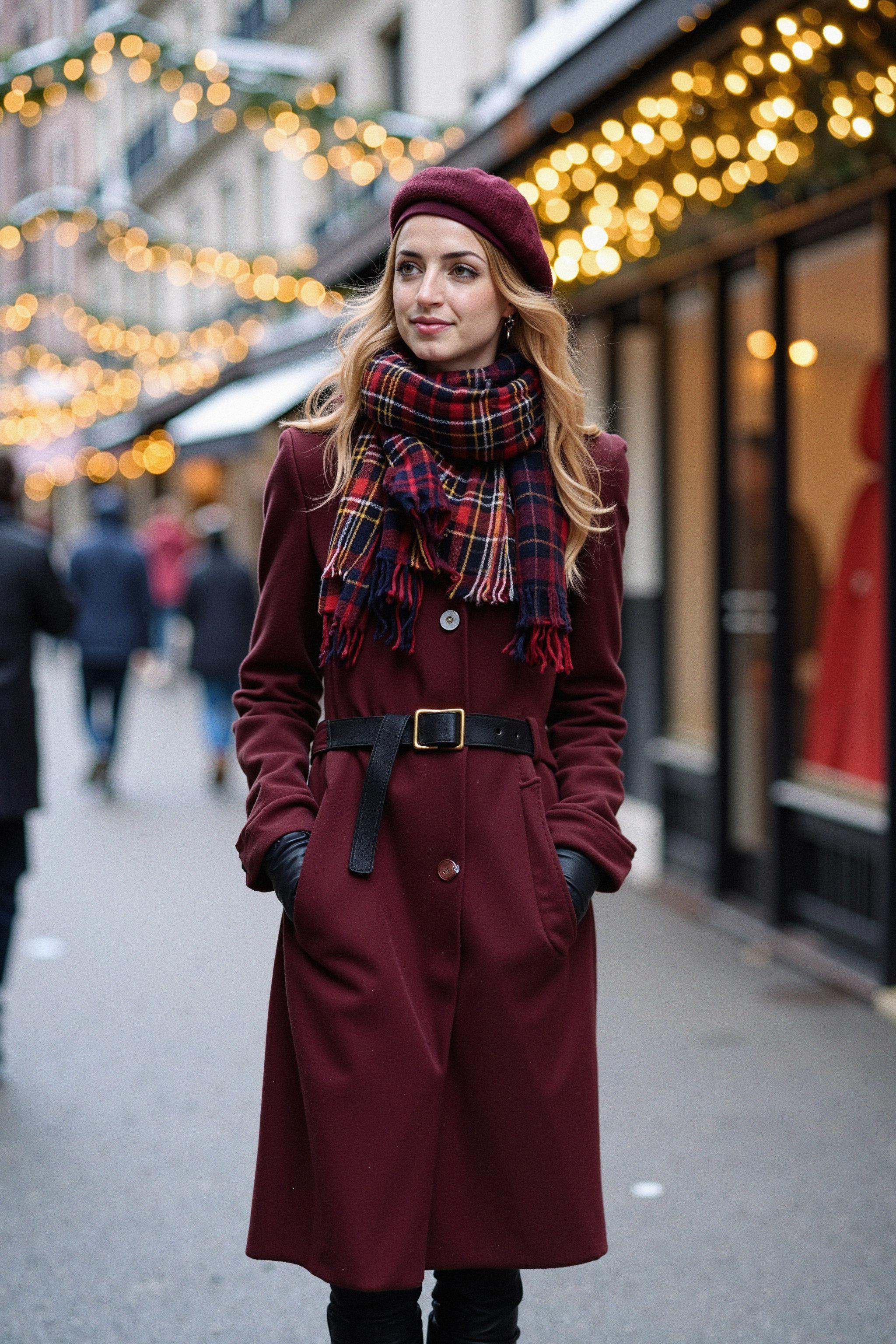 A woman standing gracefully in a snowy city square,  captured in a full-body shot with her face clearly visible,  surround...