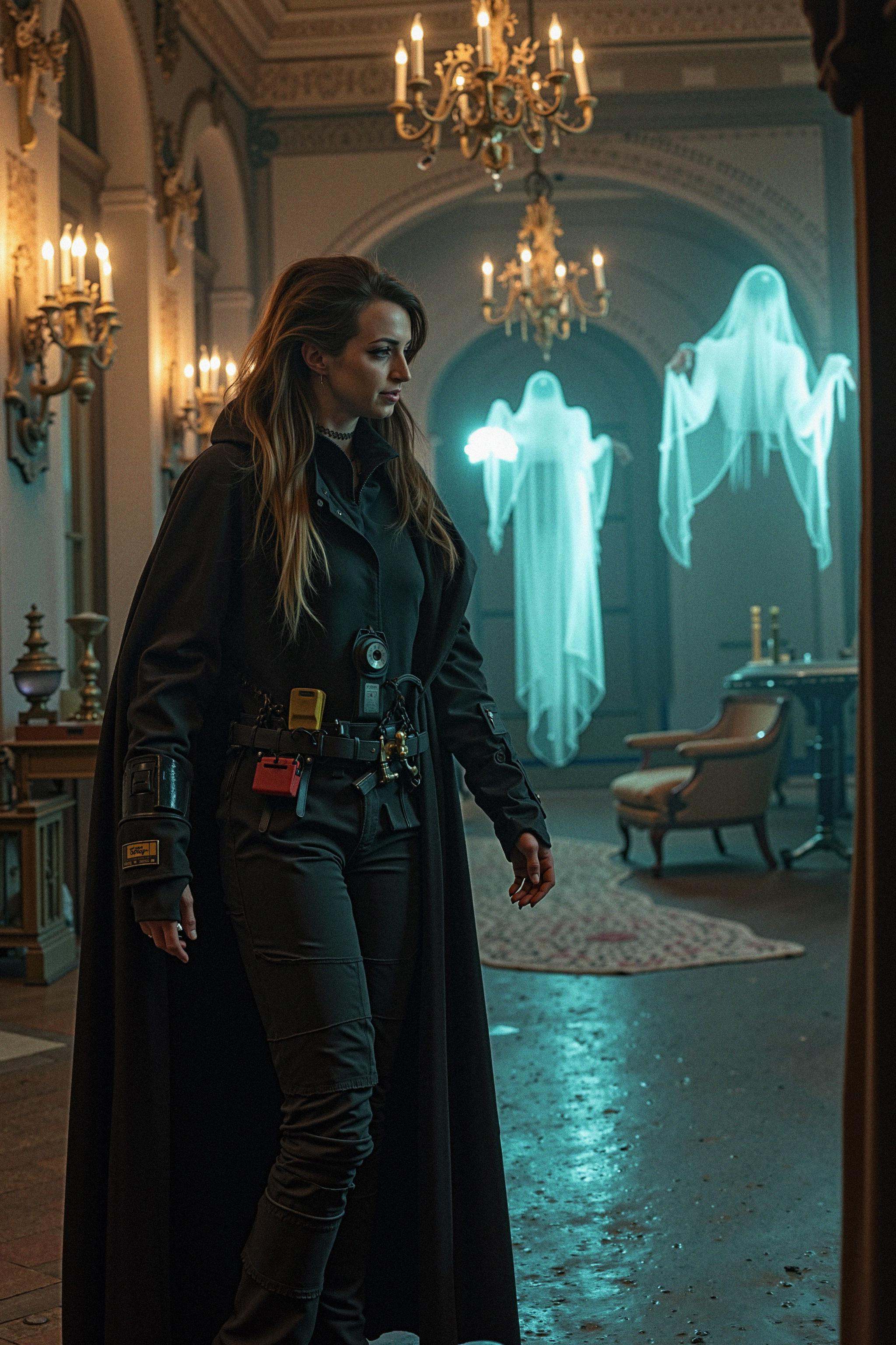 A woman stands resolutely in the grand hall of a haunted mansion,  equipped with paranormal detection gear. She wears a mo...