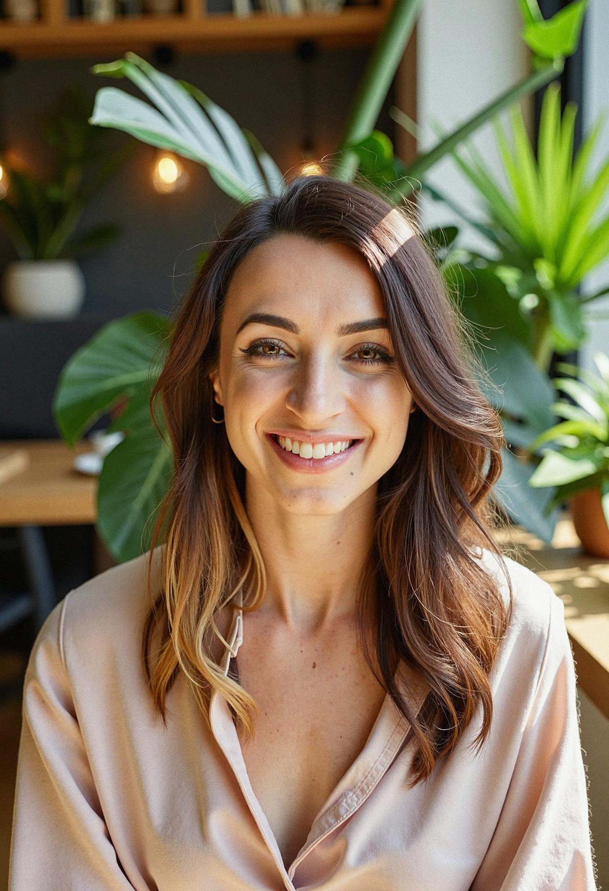 A woman in an eco-friendly,  plant-filled office space,  her eyes meeting the camera with warmth and authenticity. She's w...
