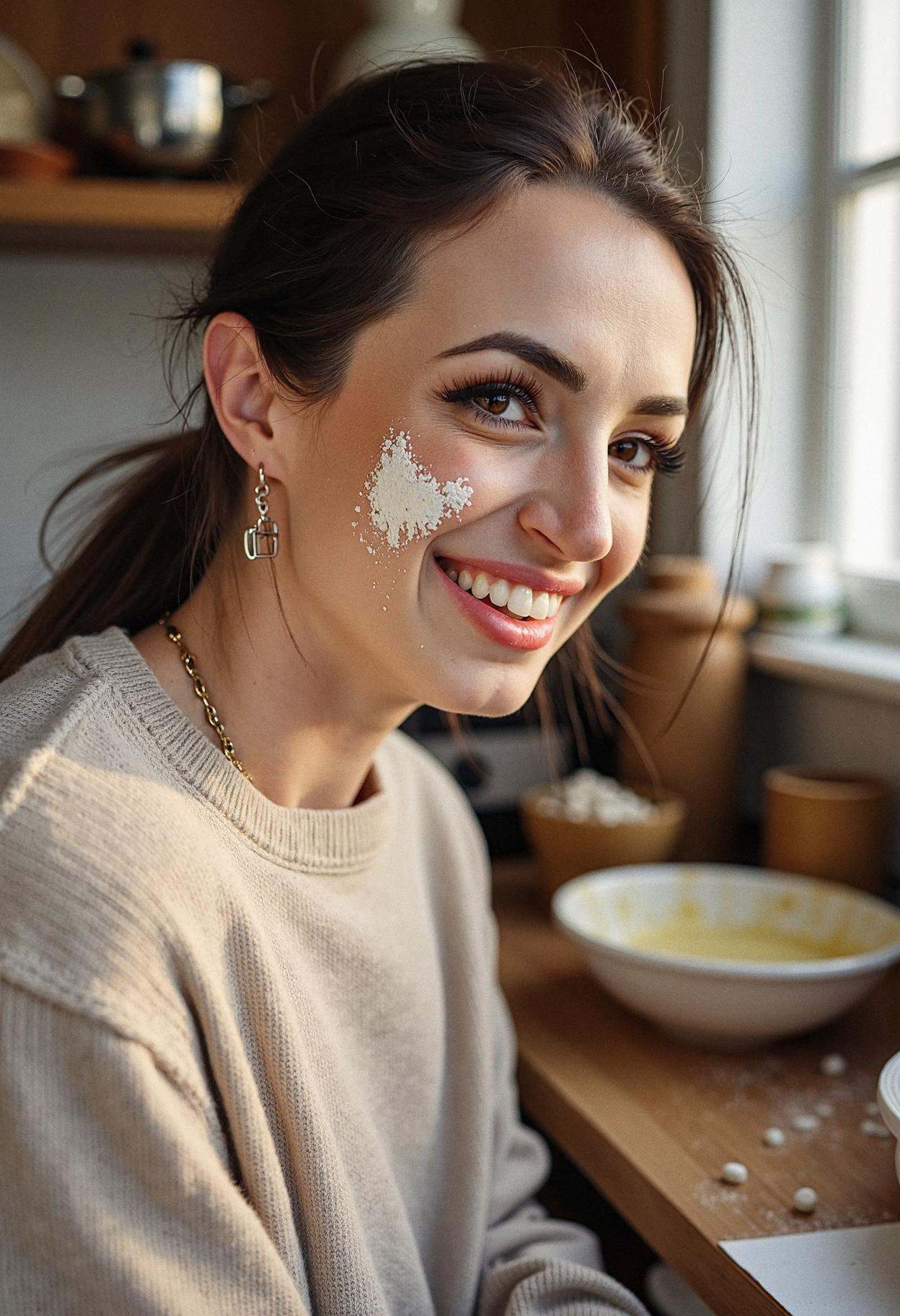 A woman in a cozy kitchen setting,  giggling as she glances sideways at something off-camera. She's wearing a comfortable...