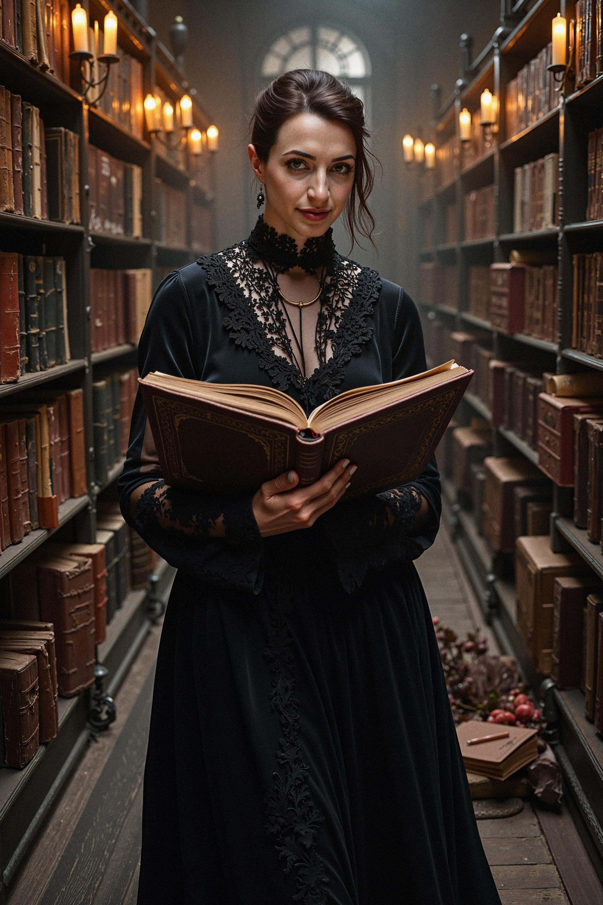 a woman is captured in an full body body shot,  embodying the mysterious aura of a Gothic librarian in a vast,  dimly lit...